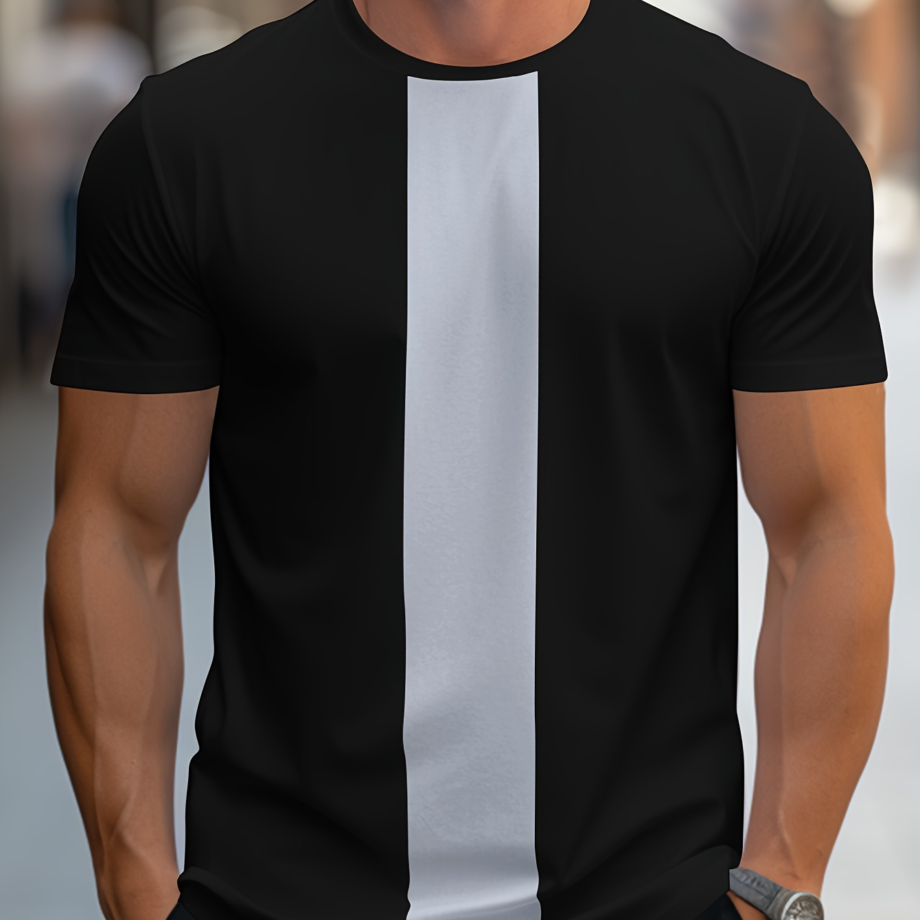 

Color Block T-shirt, Men's Casual Street Style Stretch Round Neck Tee Shirt For Summer