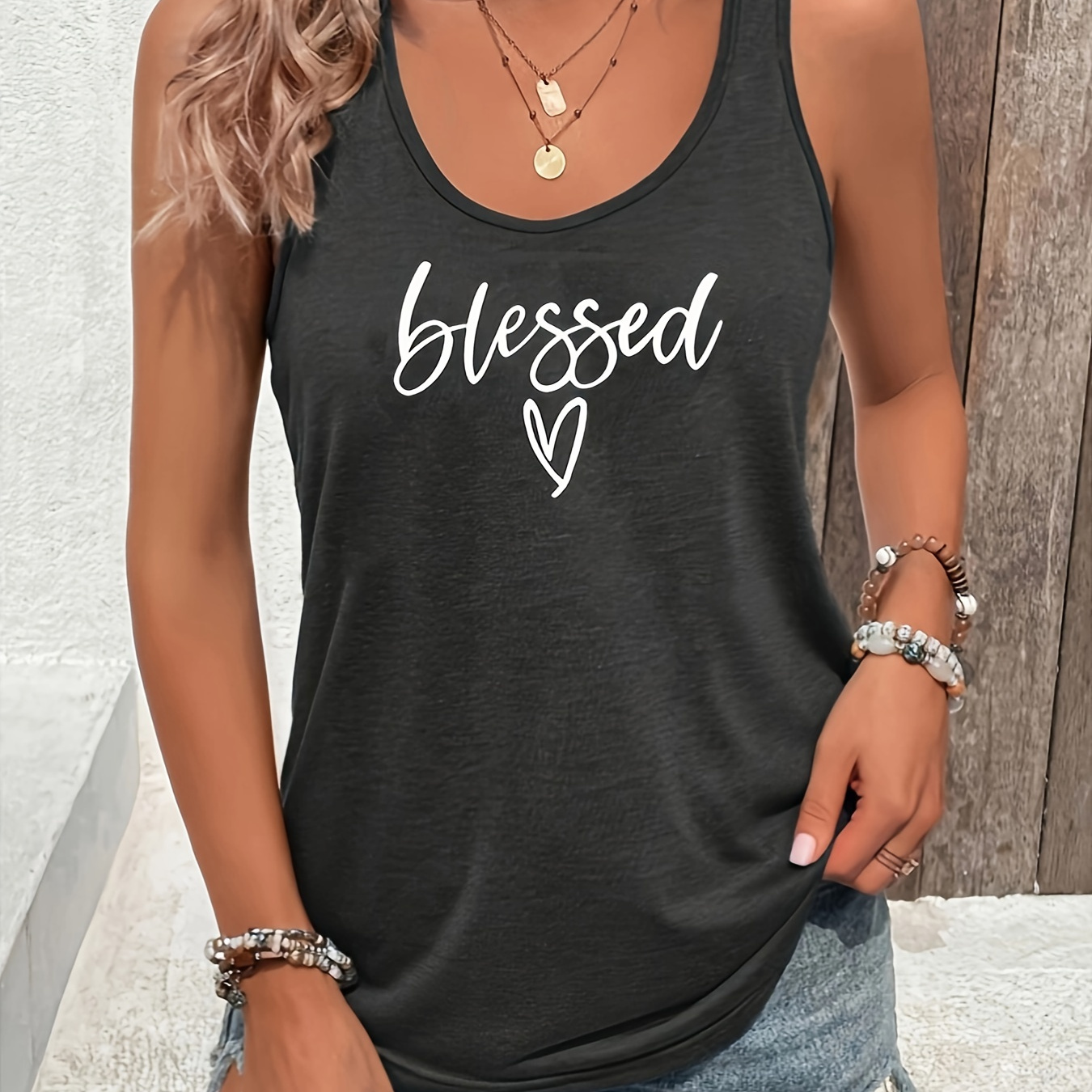 

Blessed & Heart Print Tank Top, Casual Sleeveless Tank Top For Summer, Women's Clothing