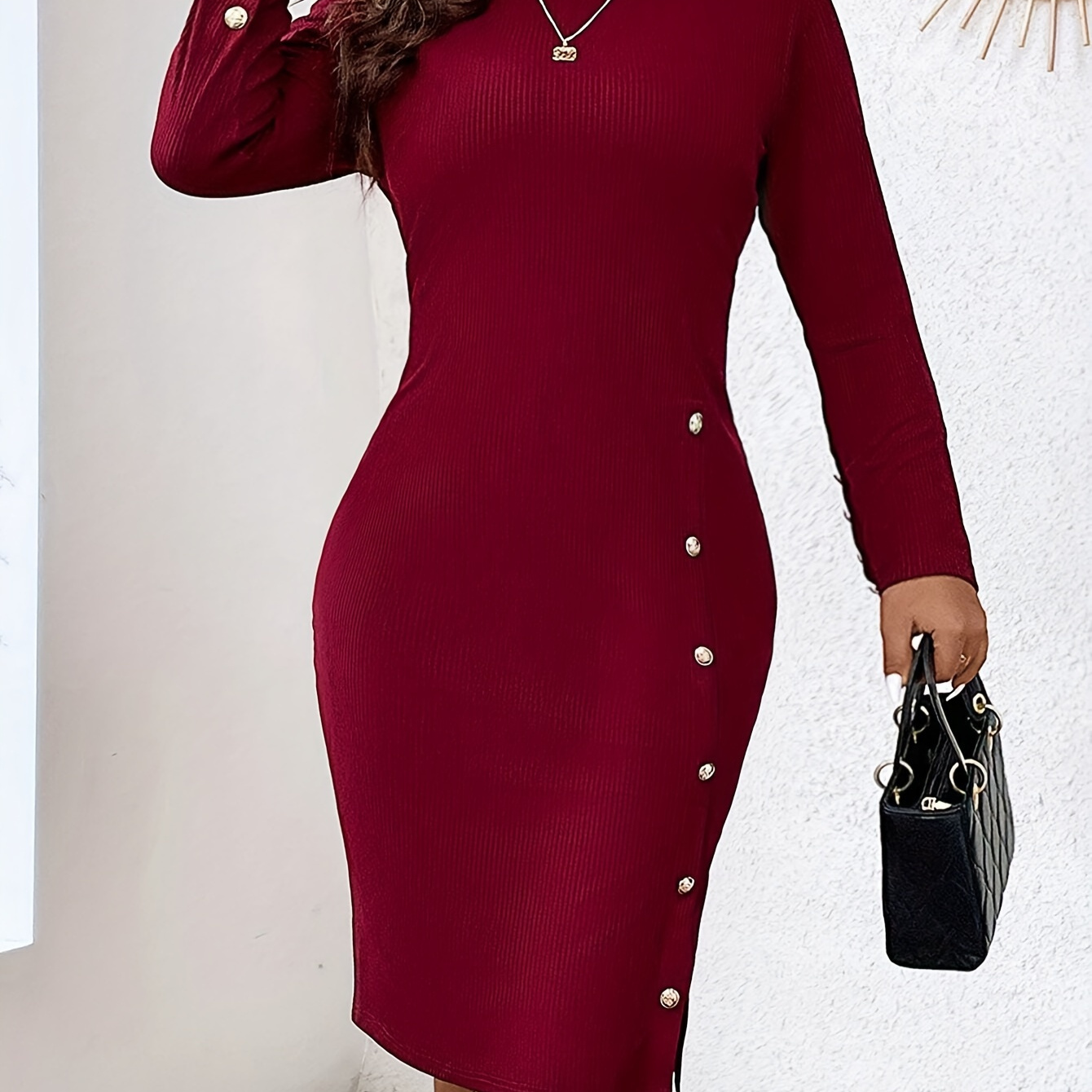 

Elegant Polyester Knit Dress With Button Detail And Side Slit - Crew Neck, Solid Color, Fitted Midi Dress, Black Dress|side Slit Dress|stretchable Material