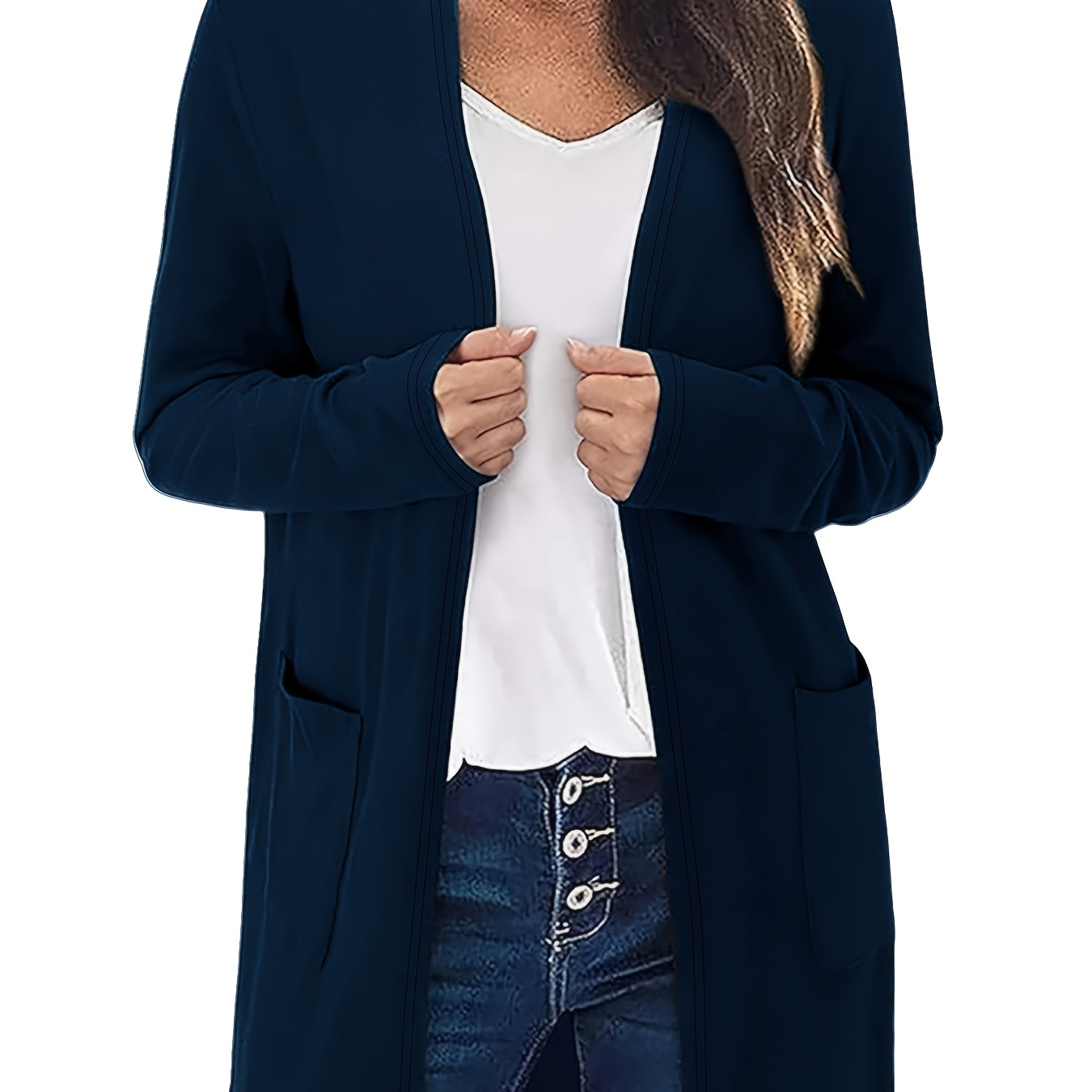 

Women's Chic Knit Cardigan - Stretchy Polyester & Elastane , Open Front, Long Sleeve With Pockets - Machine Washable, Ideal For Vacation