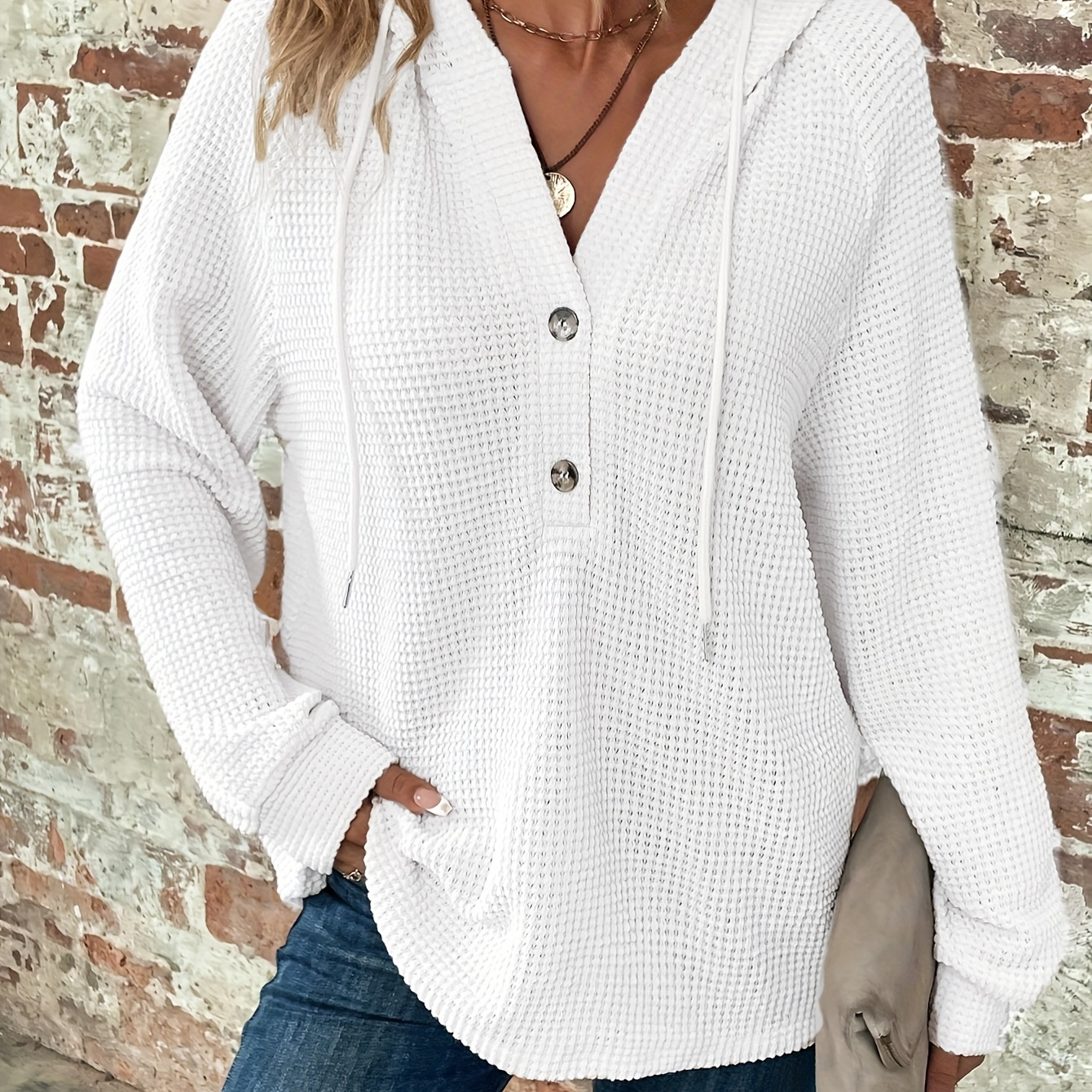 

Solid Button-embellished Waffle Knit Hoodie, Casual Long-sleeve Drawstring Hoodie