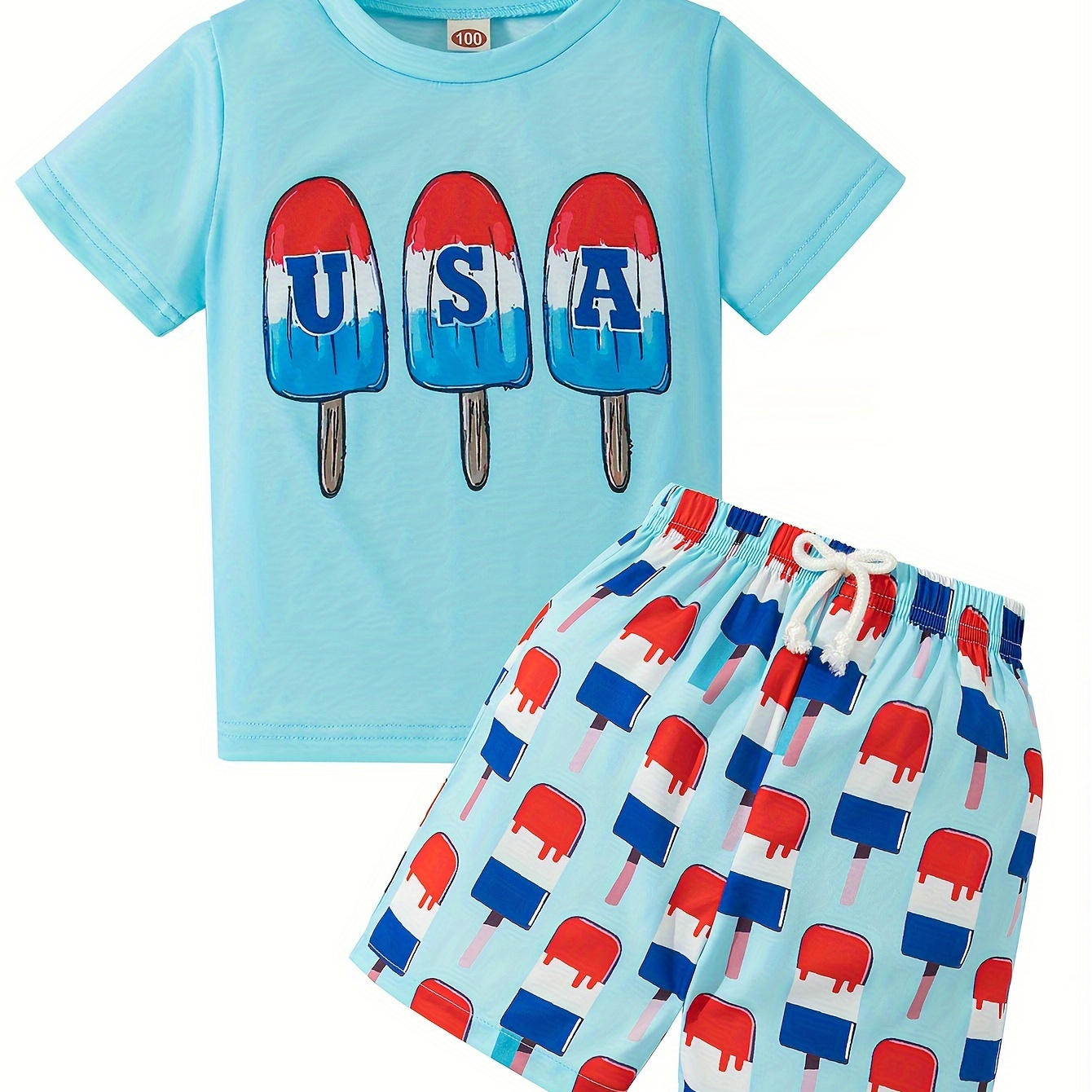 

2pcs Boys Casual Independence Day Ice Cream Print Comfortable Versatile Short Sleeve T-shirt & Shorts Set, Cool, Lightweight And Comfy Summer Clothes!