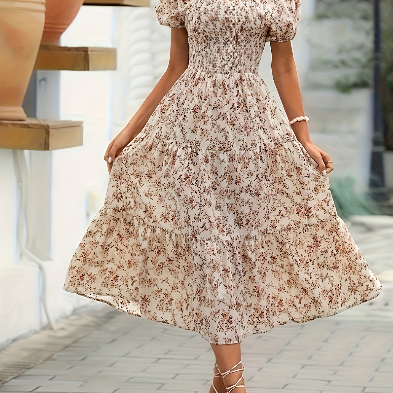 

Floral Print Square Neck Dress, Elegant Puff Sleeve Shirred Dress For Spring & Summer, Women's Clothing