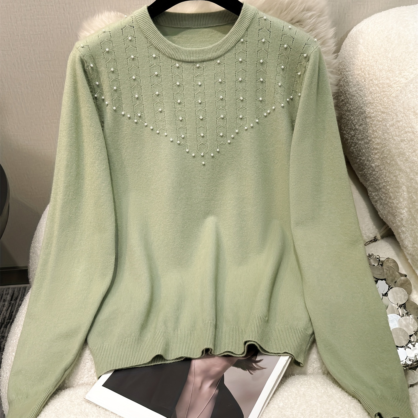 

Women's Beaded Crew Neck Long Sleeve Knit Sweater, Casual Solid Color Pullover Top, Viscose 75% Polyester 25%, Medium Stretch, All , 350g/m² Fabric Weight