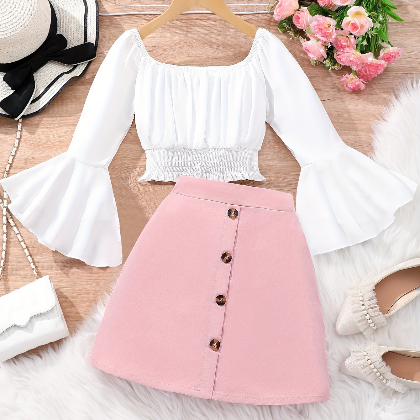 

2pcs, Solid Color Long Flutter Sleeve Crop Shirred Top + Solid Color Button Decor Skirt With Belt Set For Girls, Cute And Trendy Holiday Set Summer Gift