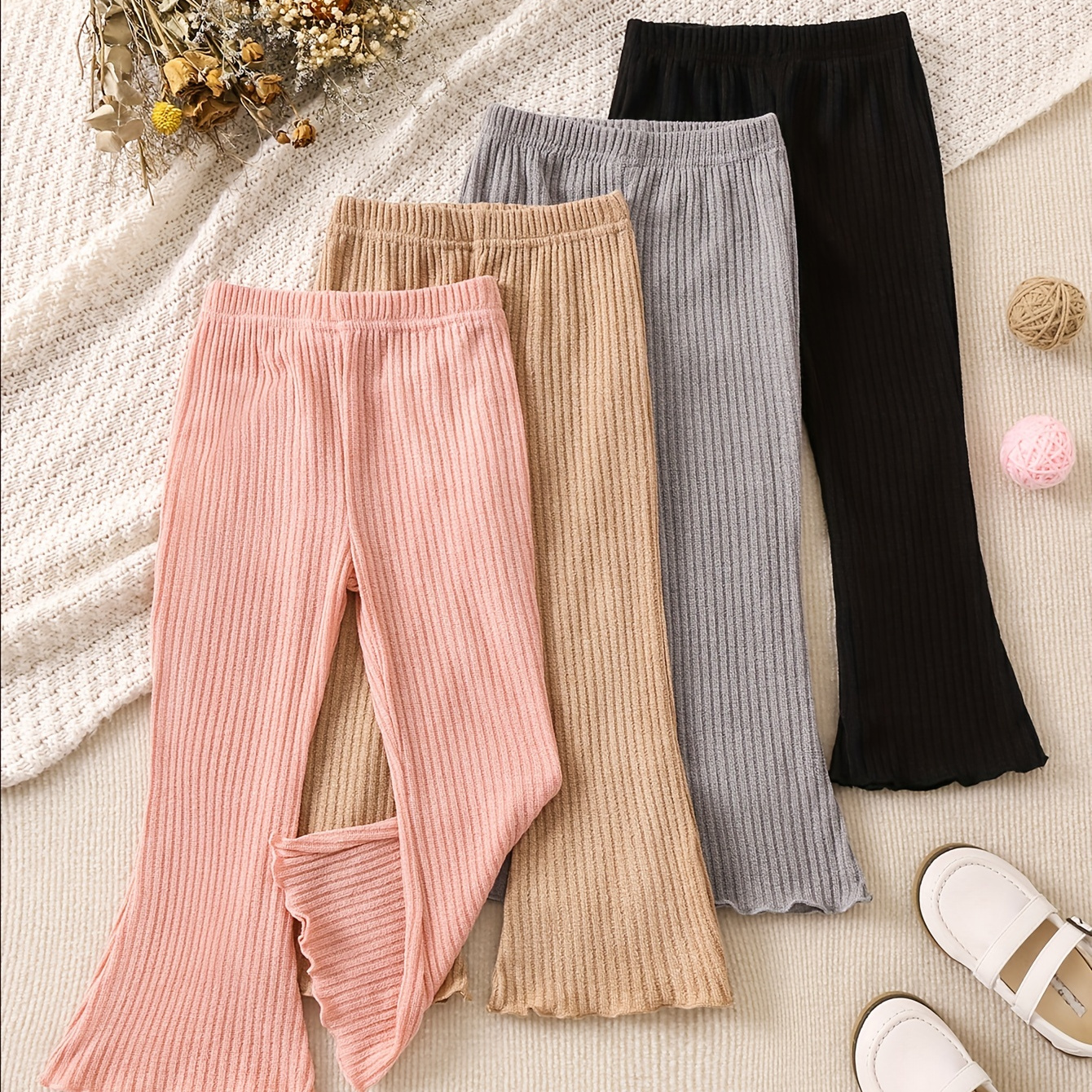 

Spring Girl's 4pcs Solid Flare Trousers Comfortable Elastic Waist Cute Bell Bottoms