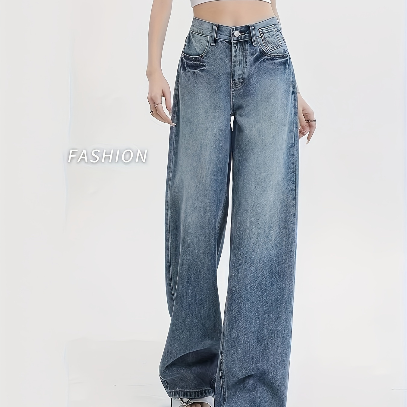 

Women's High-waisted Wide Leg Jeans, Cotton And Polyester , Relaxed Fit, Machine Washable,