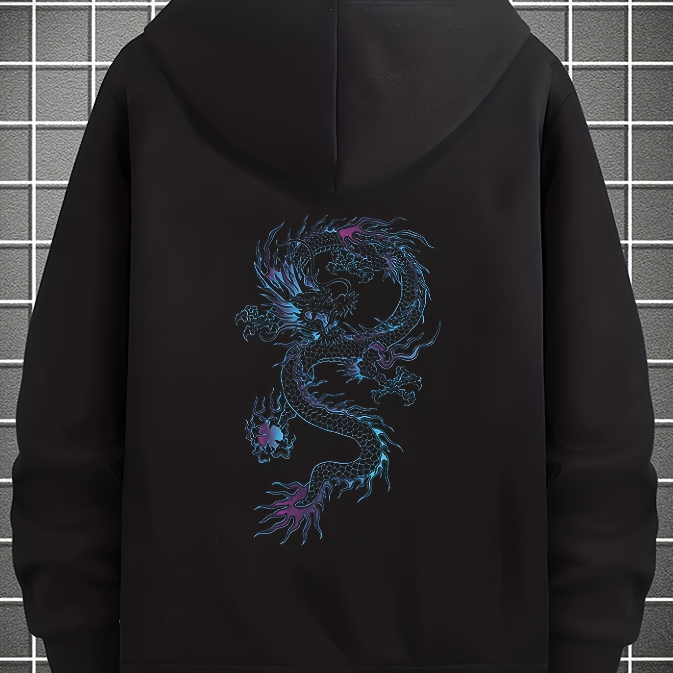 Plus Size Men's Hooded Jacket & Hoodies, Dragon & Love & Smile Print Casual Comfortable Zip Up Tops, Men's Clothing