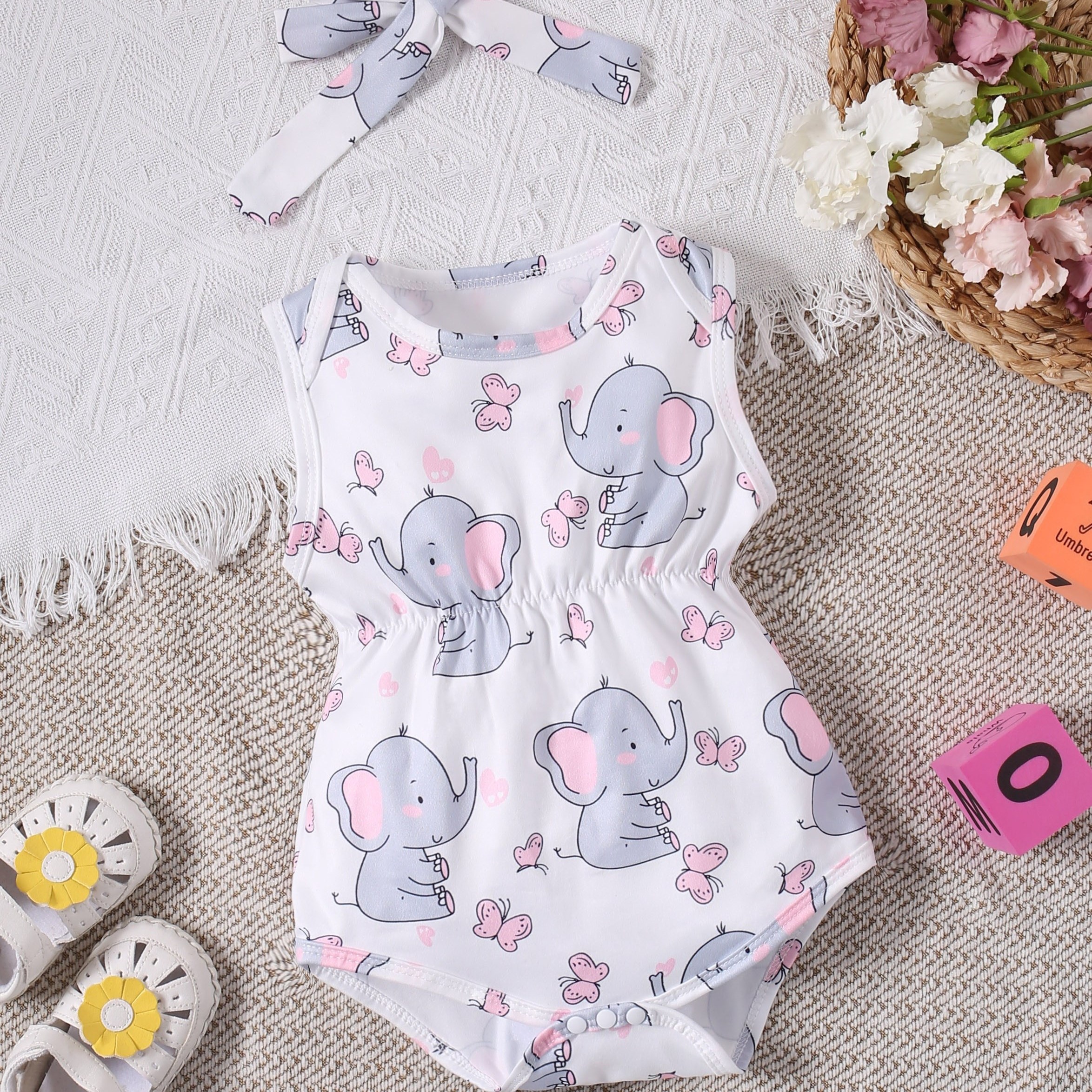 

Infant's Cute Elephant & Butterfly Pattern Bodysuit, Casual Sleeveless Onesie, Baby Girl's Clothing