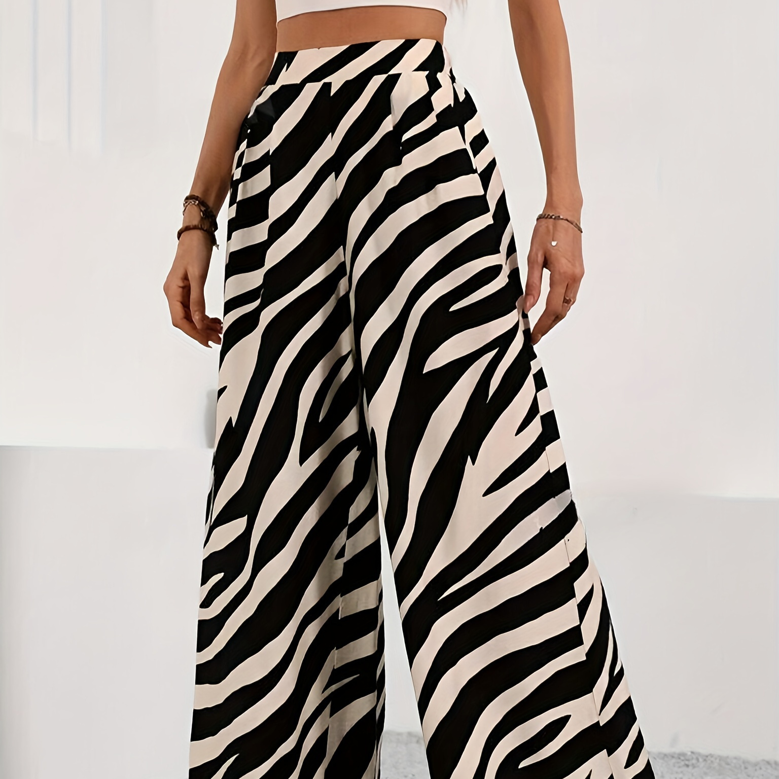 

Zebra Stripe Print Wide Leg Pants, Casual Loose Pants For Spring & Summer, Women's Clothing
