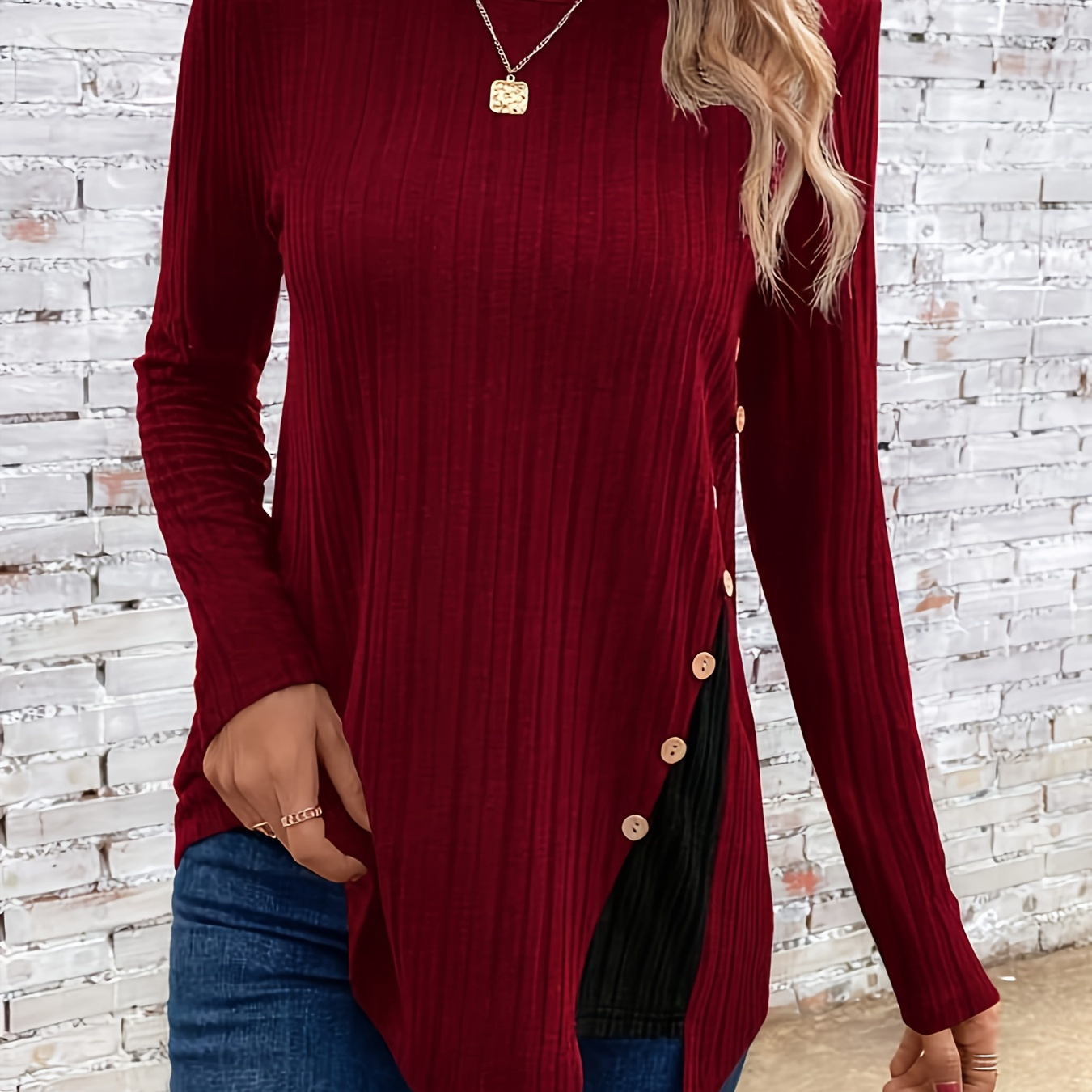 

Solid Color Button Decor Split T-shirt, Casual Crew Neck Long Sleeve Top For Spring & Fall, Women's Clothing