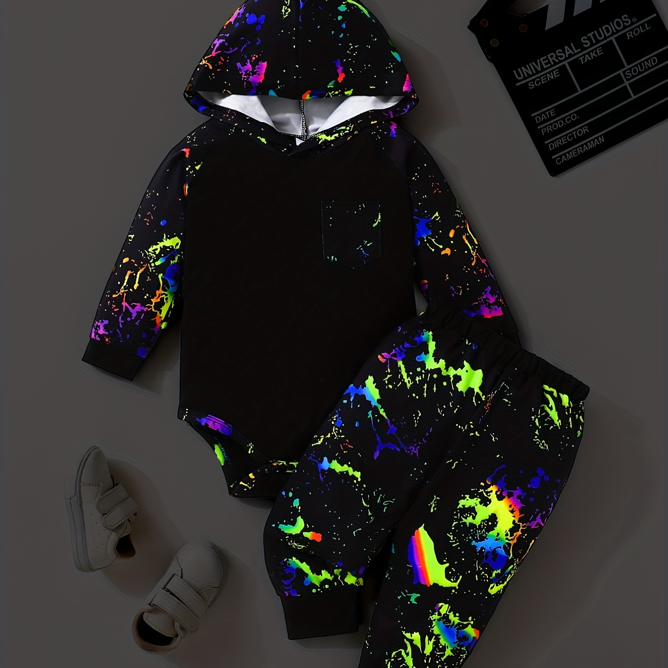 

Baby Boys Graffiti Glow In The Dark Print Front Pocket Triangle Hoodie And All Over Print Glow In The Dark Pants
