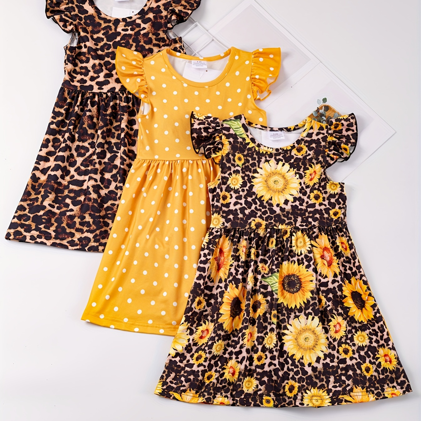 

3pcs/set Toddler Girls Ruffled Sleeves Round Neck Polka Dot Leopard And Sunflower Graphic Princess Dress For Party Kids Summer Clothes