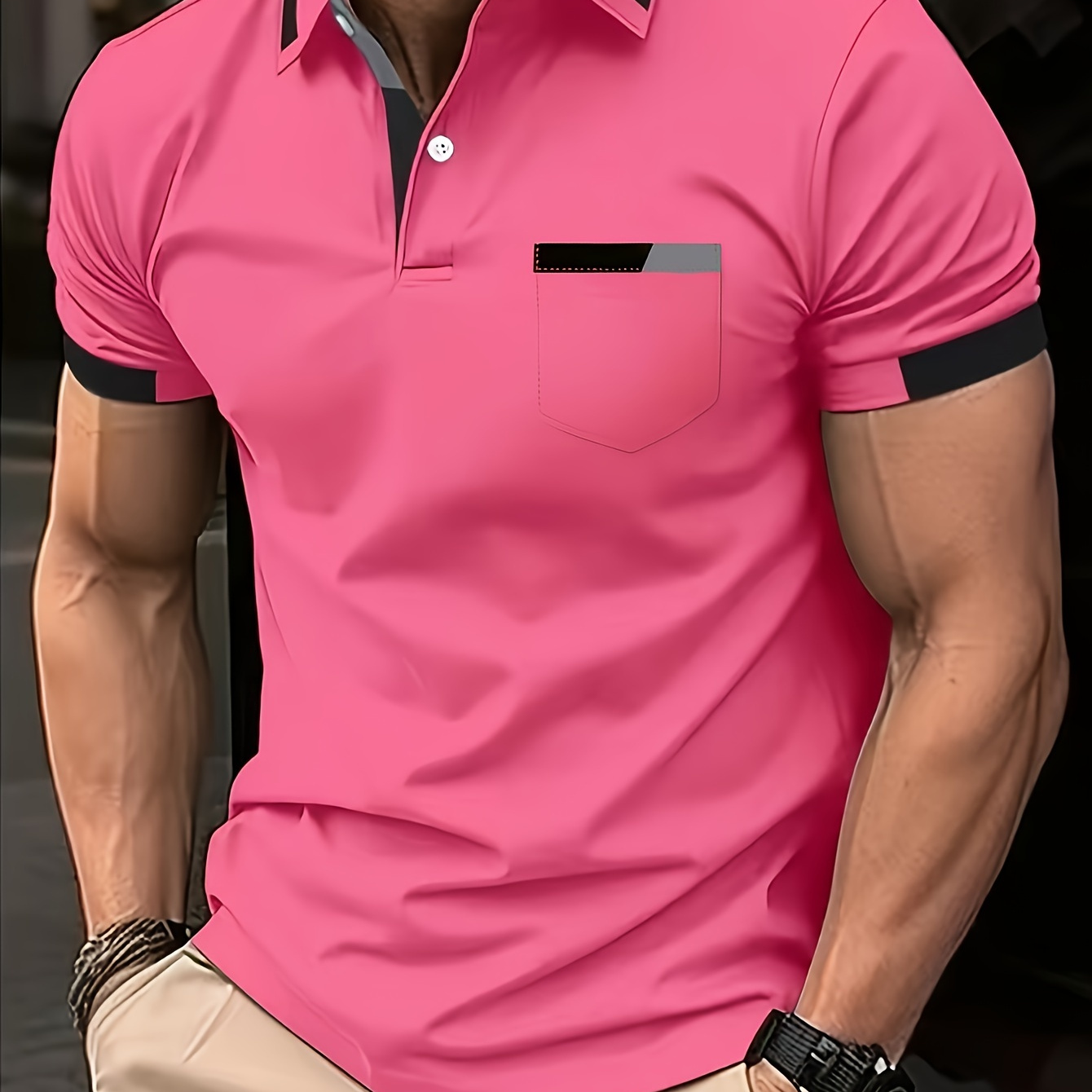 

Men's Casual Short Sleeve Polo Shirt With Contrast Lapel Collar And Button Details, 100% Polyester Knit Fabric With Slight Stretch, Printed Pattern, Ideal For Spring/fall