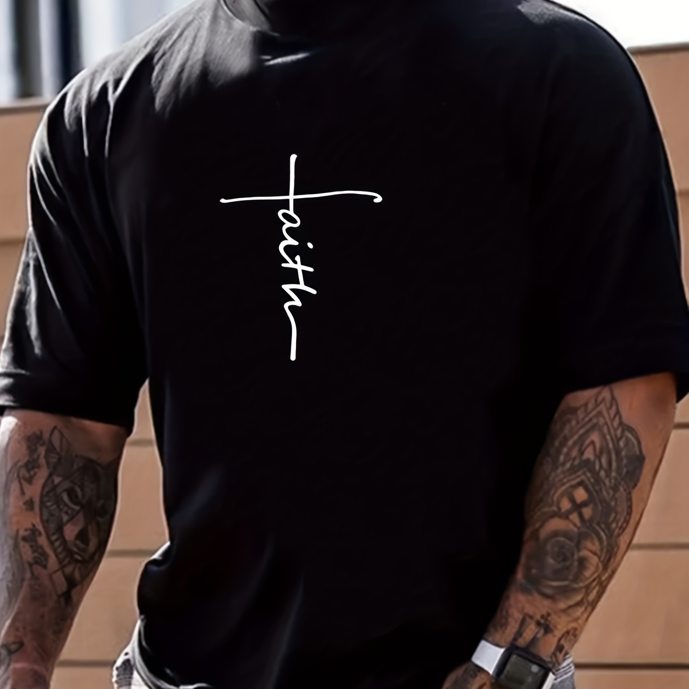 ''faith'' Print, Men's Casual Round Neck T-shirt, Loose Tees For Running, Training