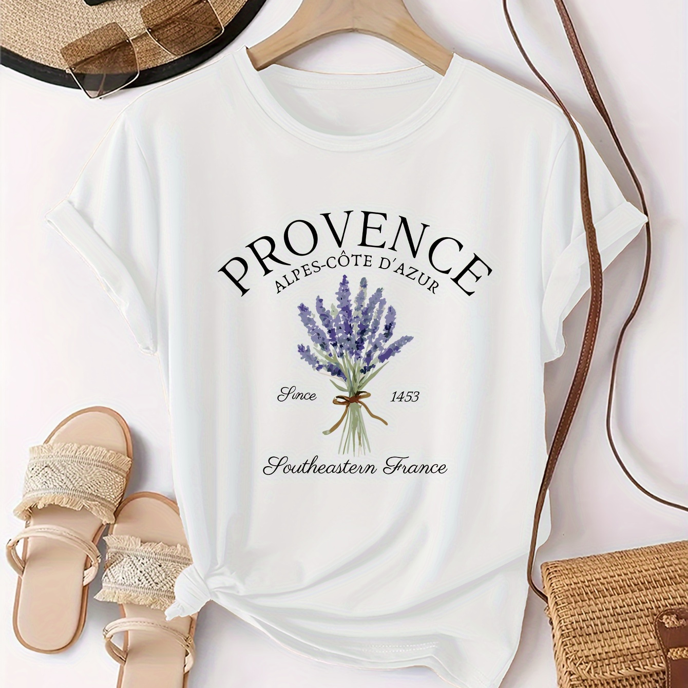 

Lavender Print T-shirt, Short Sleeve Crew Neck Casual Top For Summer & Spring, Women's Clothing