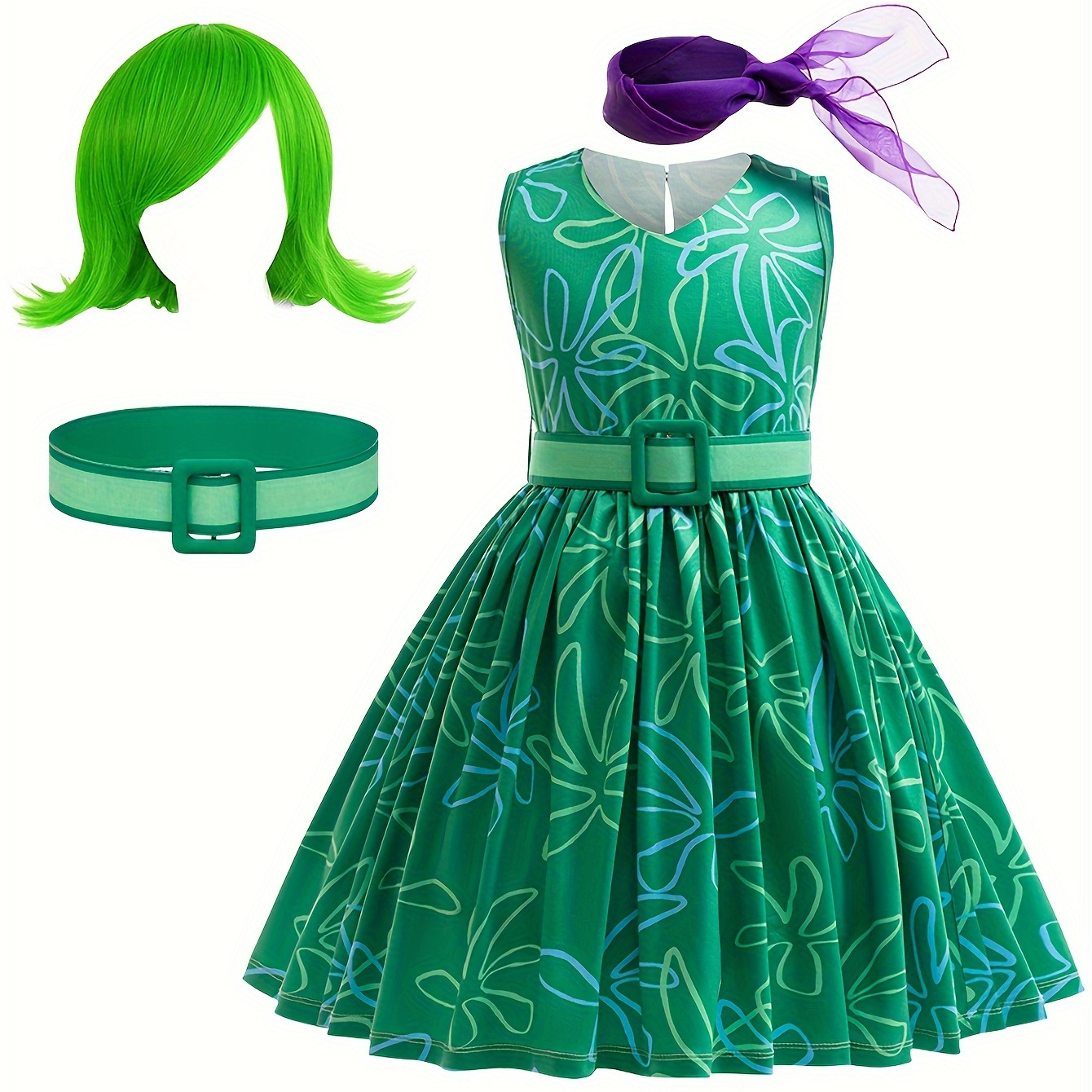 

Girls Cartoon Character Dress Up Outfit, Allover Floral Pattern Sleeveless Belted Dress & Accessories For Halloween Party