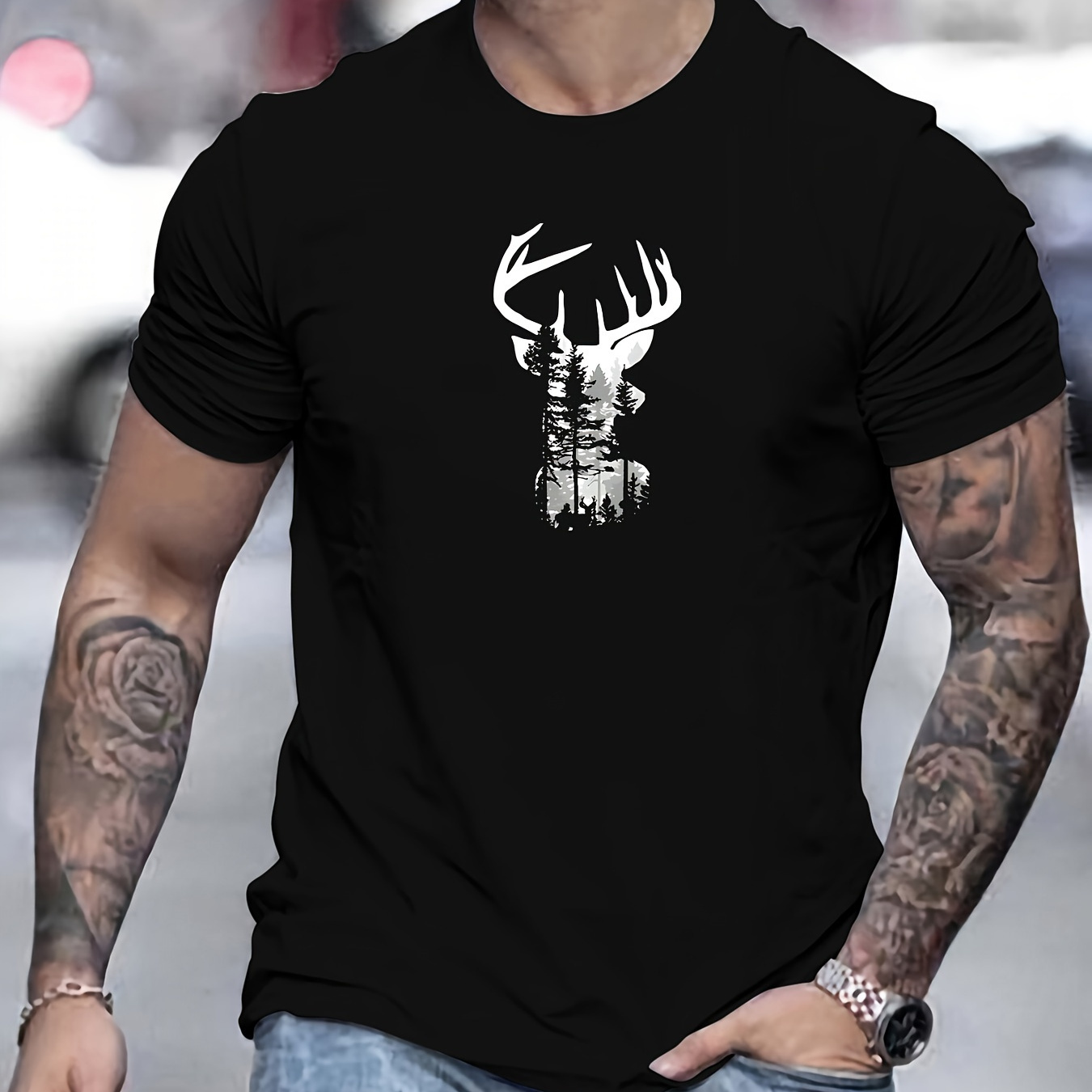 

Men's Summer Casual T-shirt With Deer - Breathable Polyester, Crew Neck, Short Sleeve