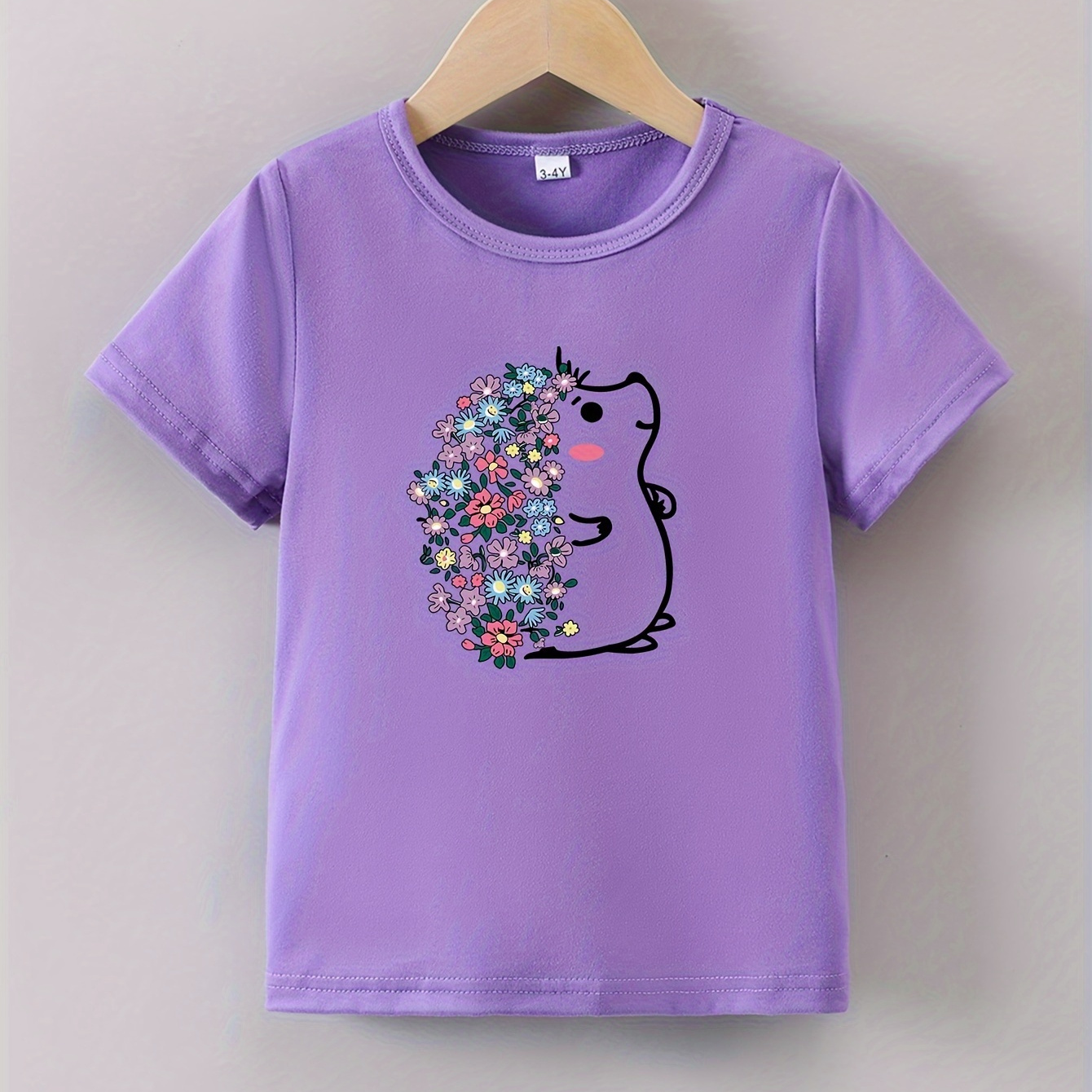 

Cartoon Floral Hedgehog Graphic Print For Girls, Casual Crew Neck Short Sleeved T-shirt, Comfy Top For Summer