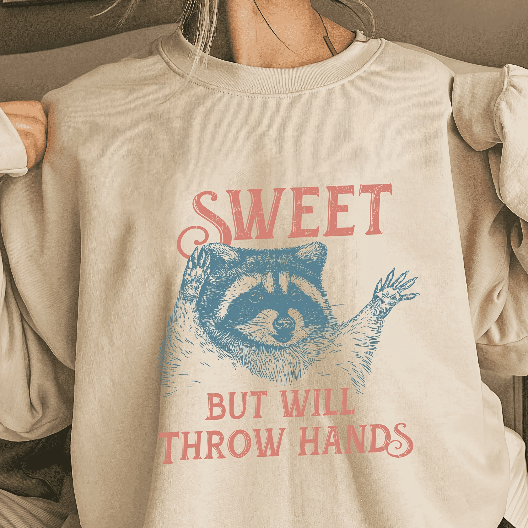 

Women's Graphic Sweatshirt - "sweet But Will Throw Hands" Design, Casual Crew Neck Top, 100% Polyester, Machine Washable - , Shirt