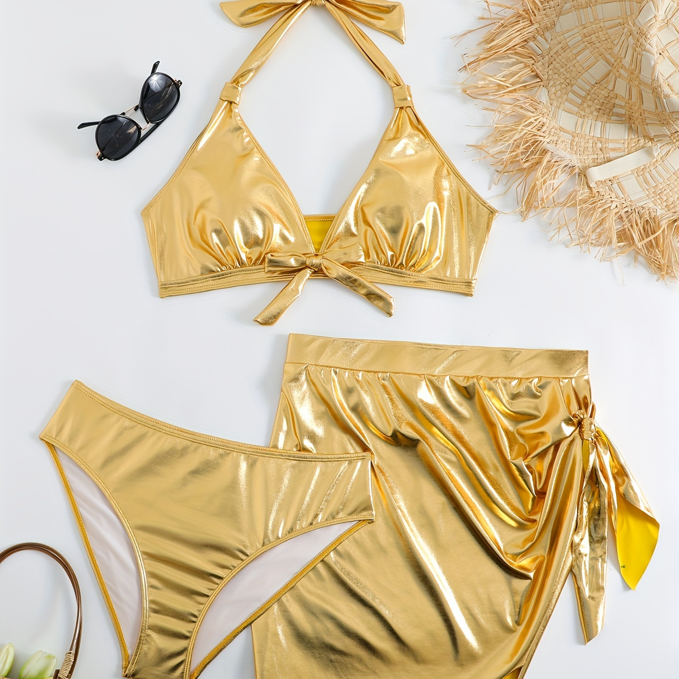 

Women's Plus Size 3-piece Bikini Swimwear Set, Metallic Golden Fabric, Vacation Style, Tie-front Top With High Cut Bottoms