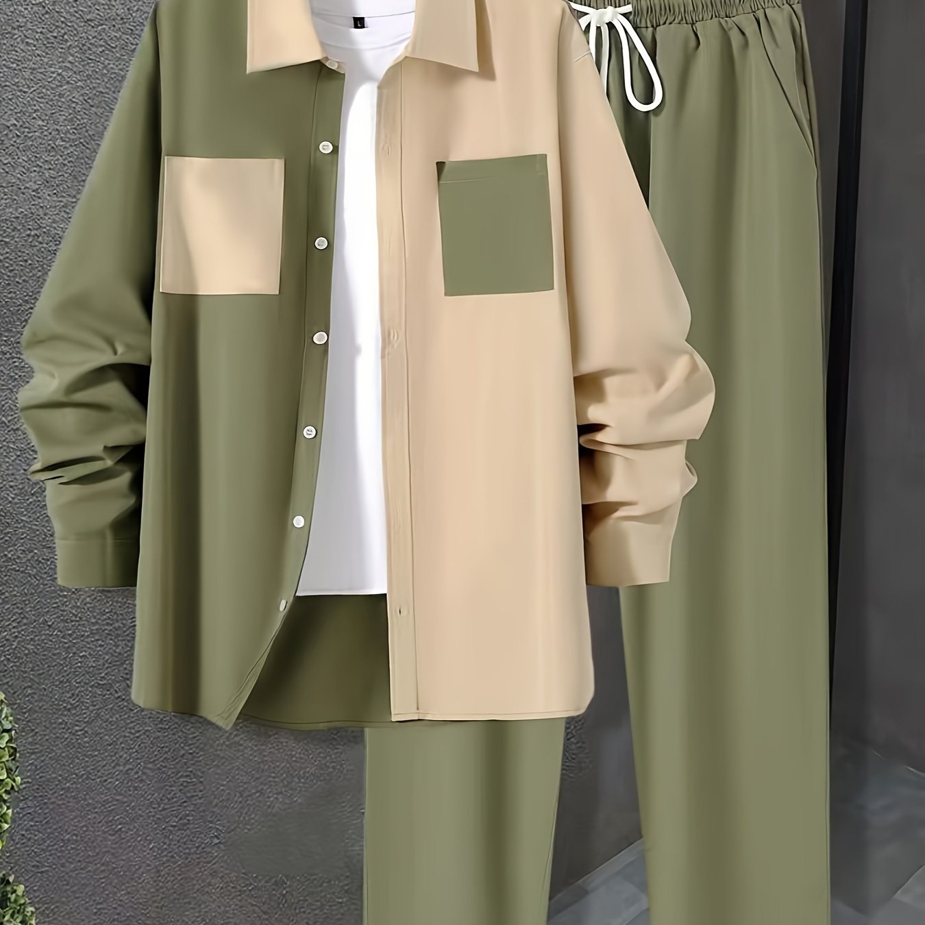 

Men's 2pcs Color Block Outfits, Casual Lapel Button Up Long Sleeve Shirt And Drawstring Pants Set For Fall Summer, Men's Clothing For Daily Leisure Vacation Resorts