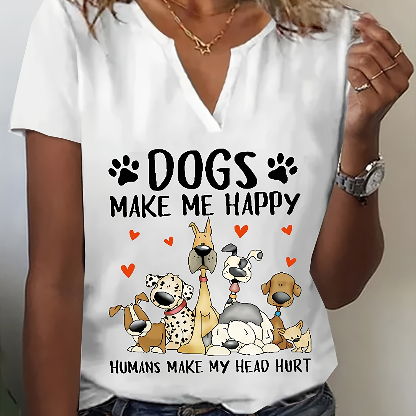 

Dogs Pattern Print T-shirt, Casual Notched Neck Short Sleeve T-shirt, Women's Clothing