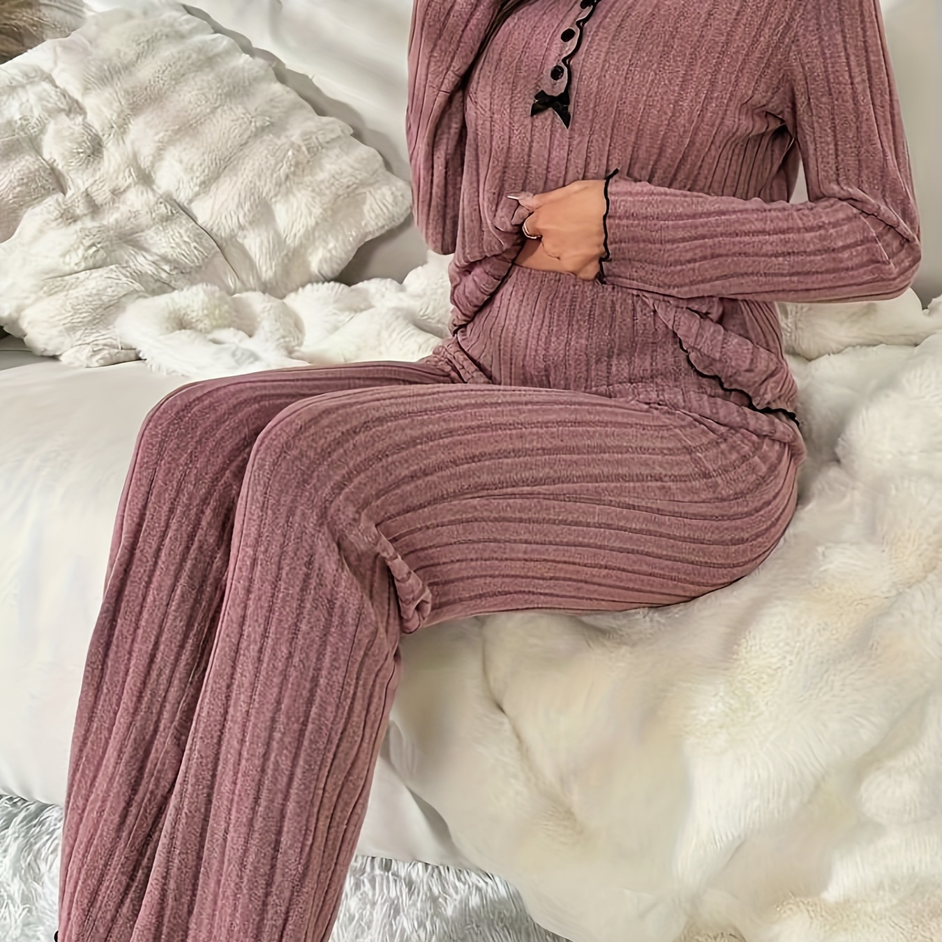 

Elegant Contrast Trim Pants Set, Bow Decor Button Front Long Sleeve T-shirt & Straight Leg Simple Pants, Women's Clothing