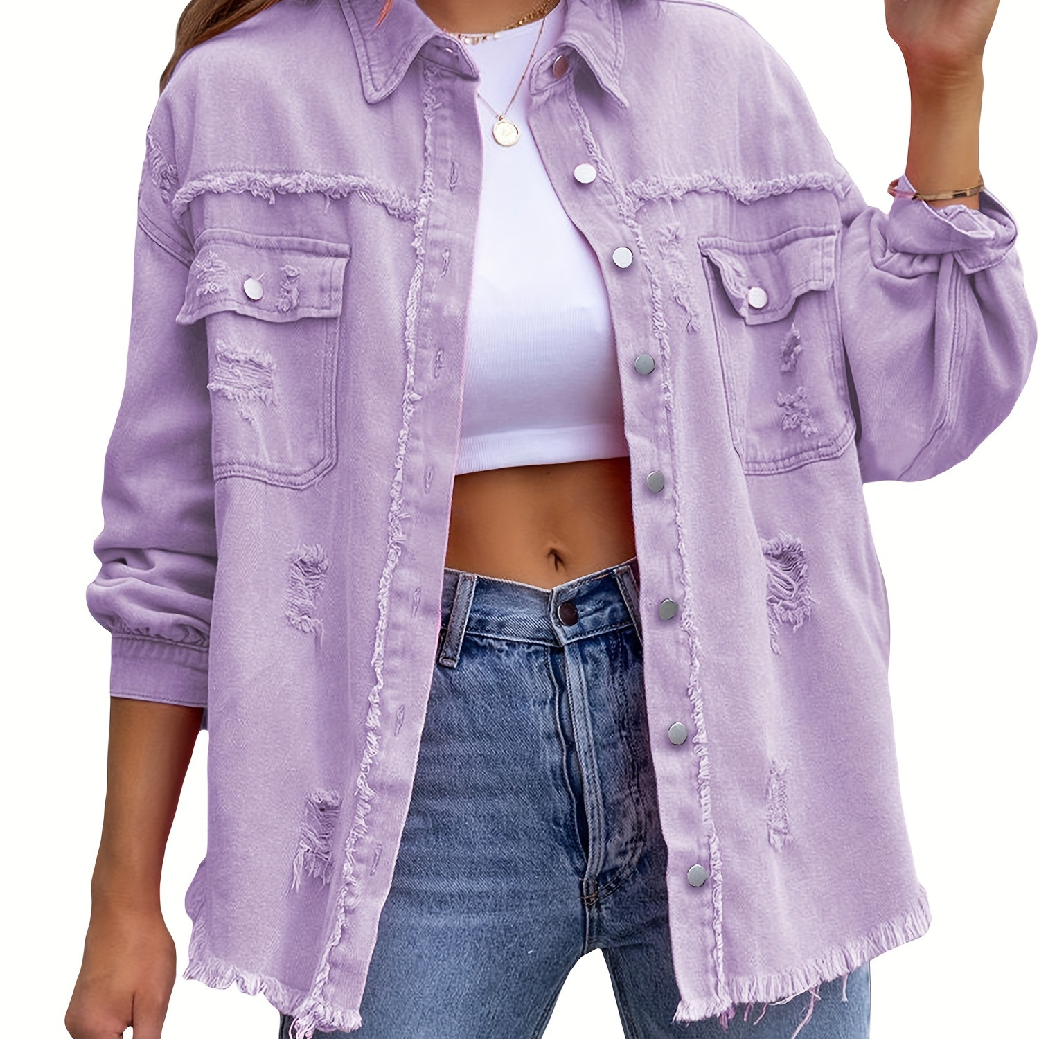 

Women's Chic Jacket - Mid-length With & Distressed , Casual Single-breasted Button-up With Lapel Collar & , Spring/fall, Jacket|chic Casual Look|cotton Polyester