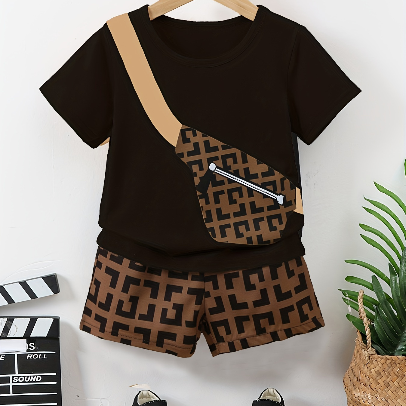 

2pcs Boys Round Neck T-shirts Messenger Bag Print Short Sleeve Tees Top & Elastic Waist Geometry Print Shorts Set Kids Summer Clothes