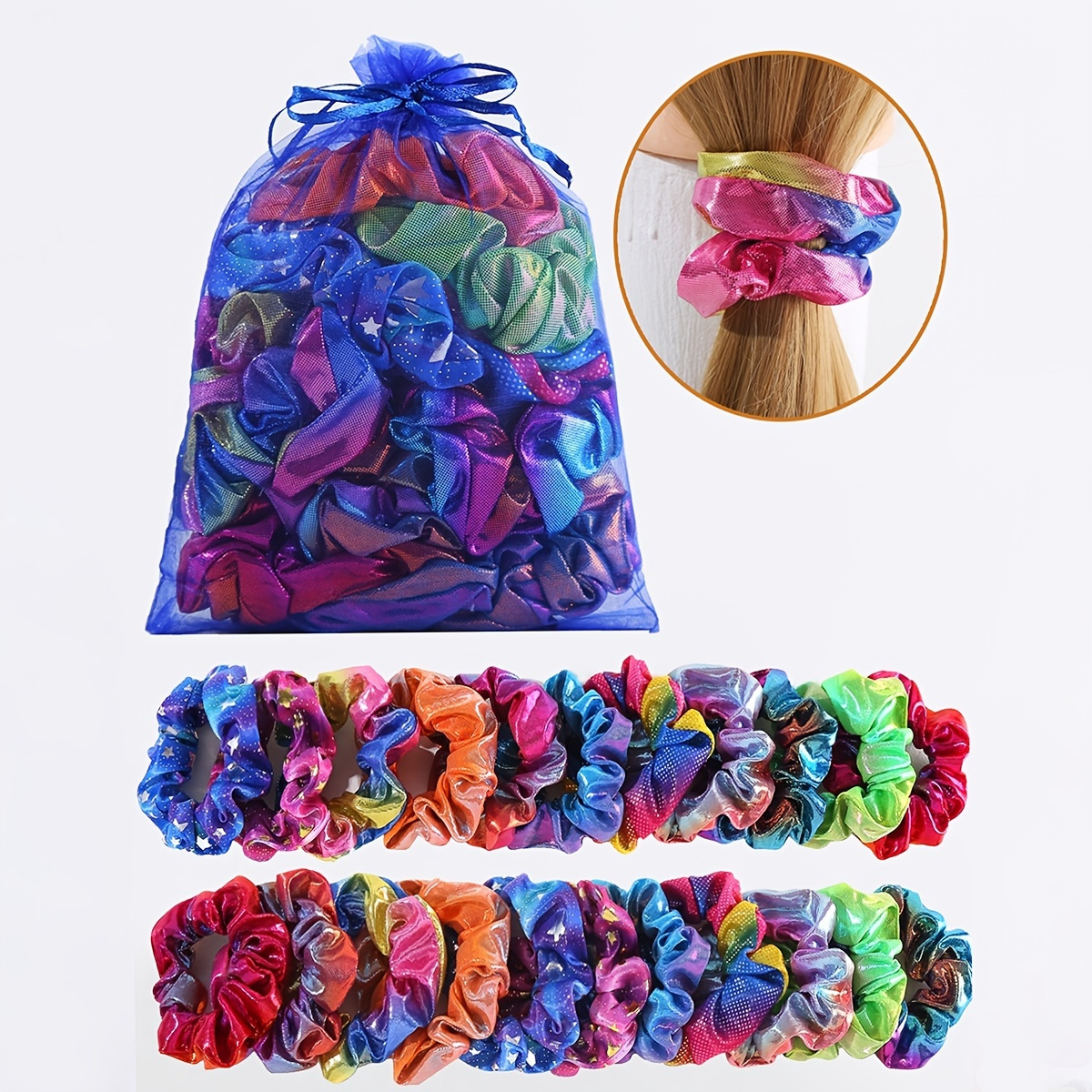

20pcs Colorful Metallic Scrunchies - Shiny Mermaid Hair Ties For Women And - Elasticated Neon Hair Ties For Ponytail Holder And Hair Accessories