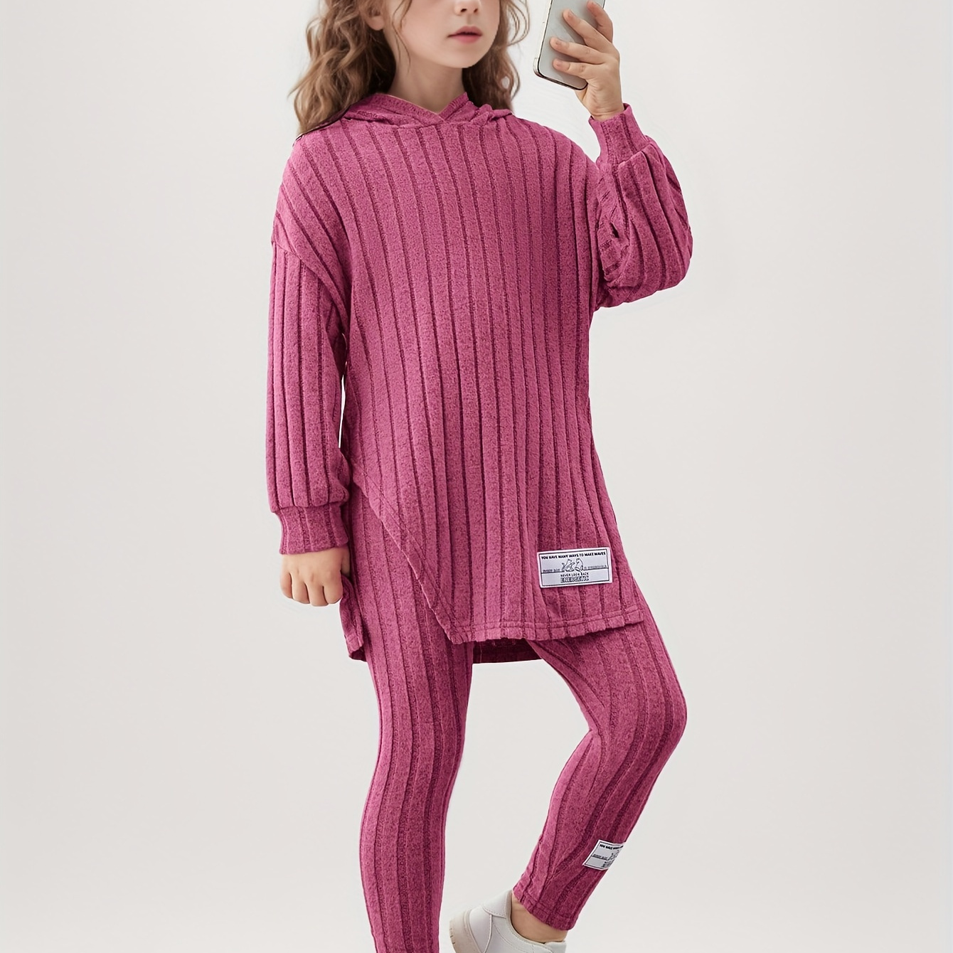 

Tenues côtelées solides 2pcs Filles Fit Pullover à Top + pantalon l'extérieur Cadeau