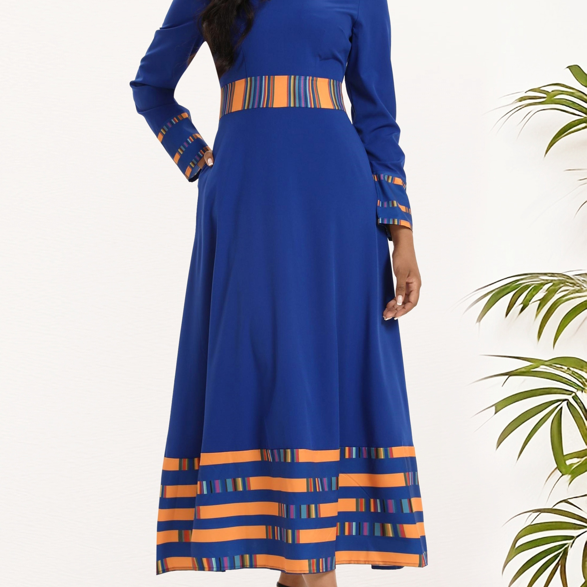 

Striped & Color Block Ankle Dress, Casual Crew Neck Long Sleeve Dress, Women's Clothing