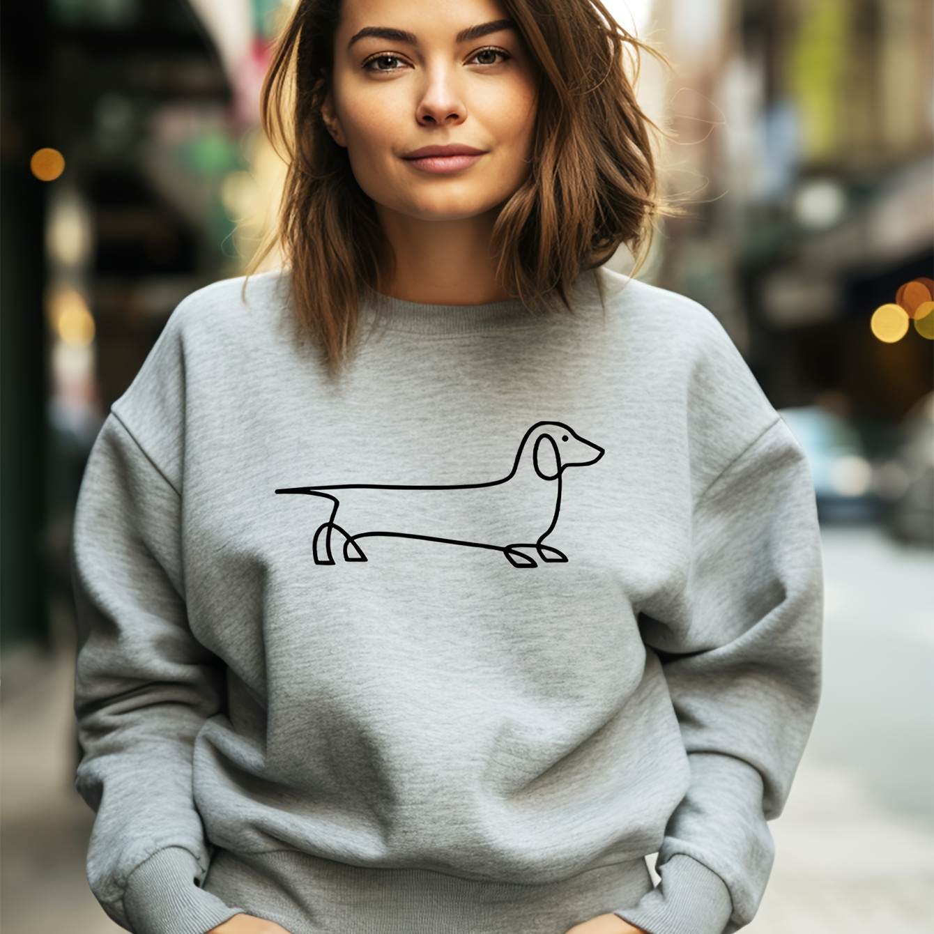

Women's Casual Crew Neck Sweatshirt With Dachshund Print, Loose Fit Sport Pullover Top, Cozy Comfort Fashion For Fall