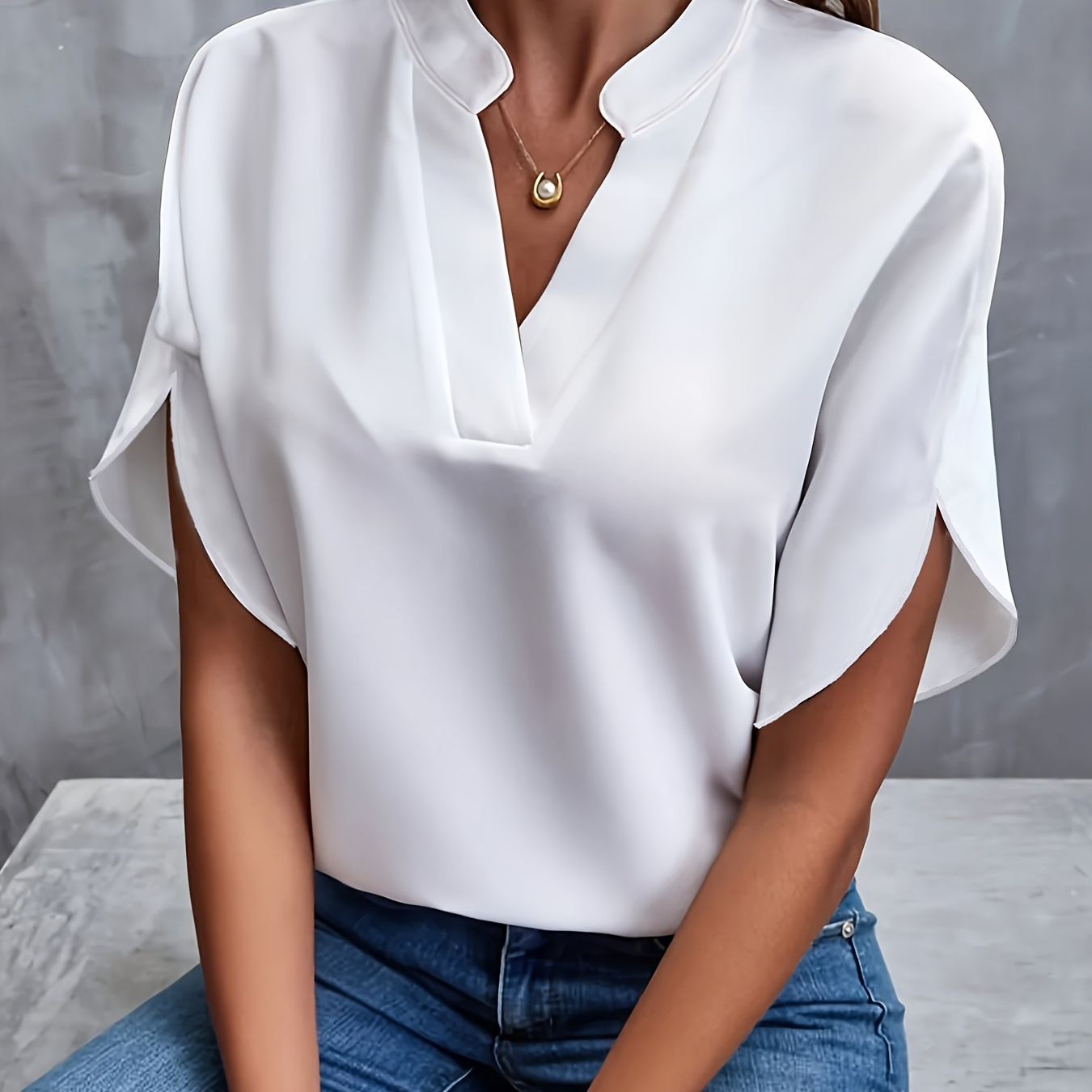 

Plus Size Solid Color Blouse, Elegant V Neck Top For , Women's Plus Size Clothing