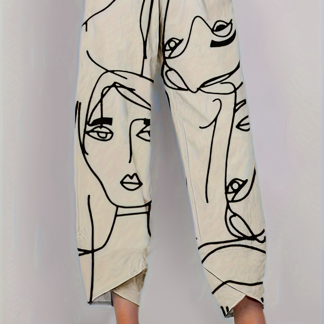 

Abstract Print Straight Leg Pants, Casual Asymmetric Hem Elastic Waist Pants For Spring & Summer, Women's Clothing