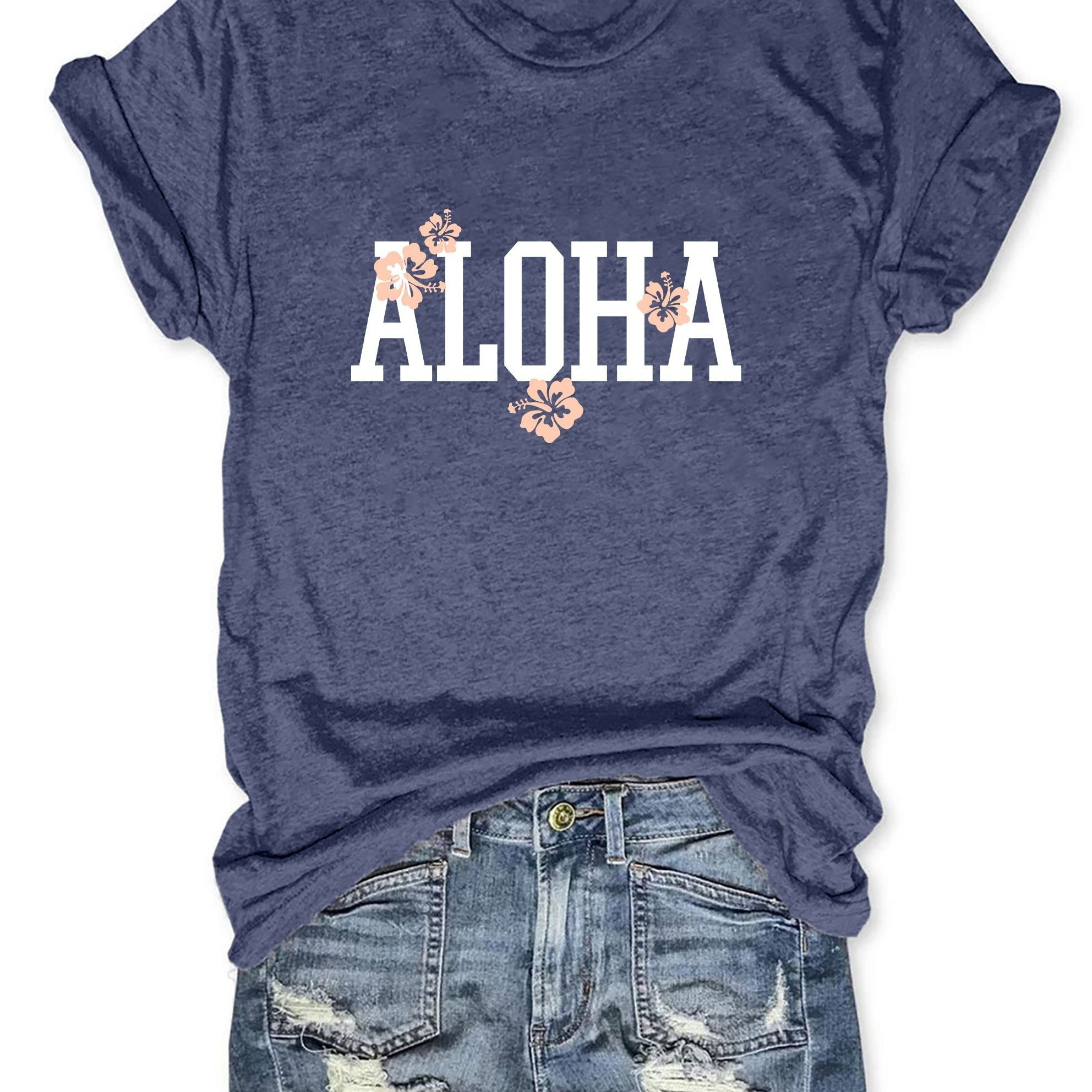

Aloha & Floral Print T-shirt, Short Sleeve Crew Neck Casual Top For Summer & Spring, Women's Clothing