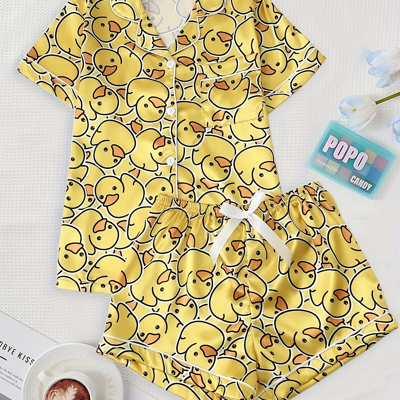 

Style| Comfy & Cute Print Satin Pajama Set For Women - Short Sleeve, Collared Top & Waist Shorts, Polyester , Sleepwear