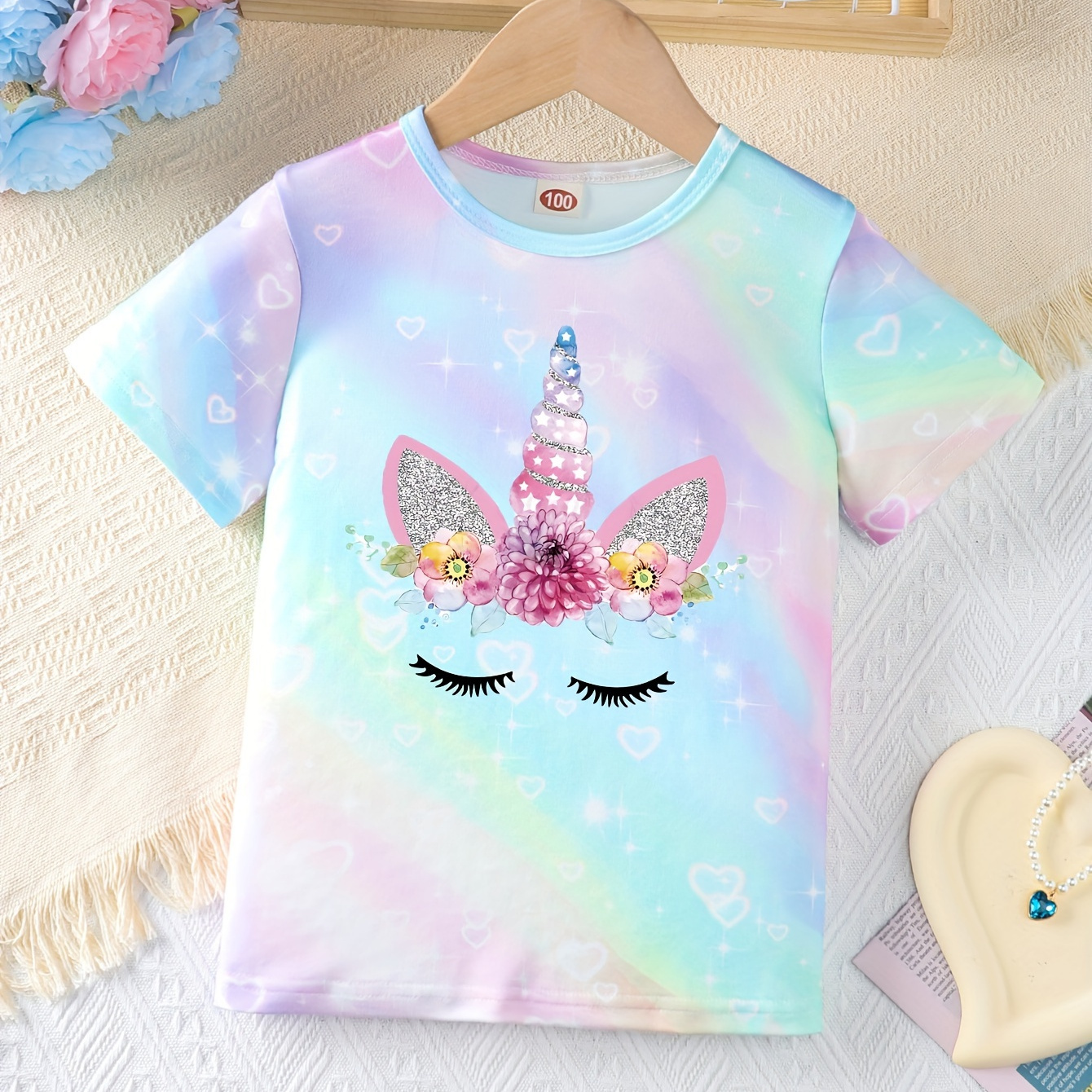 

3d Tie Dye Pattern Unicorn Graphic Crew Neck Short Sleeve T-shirt For Girls