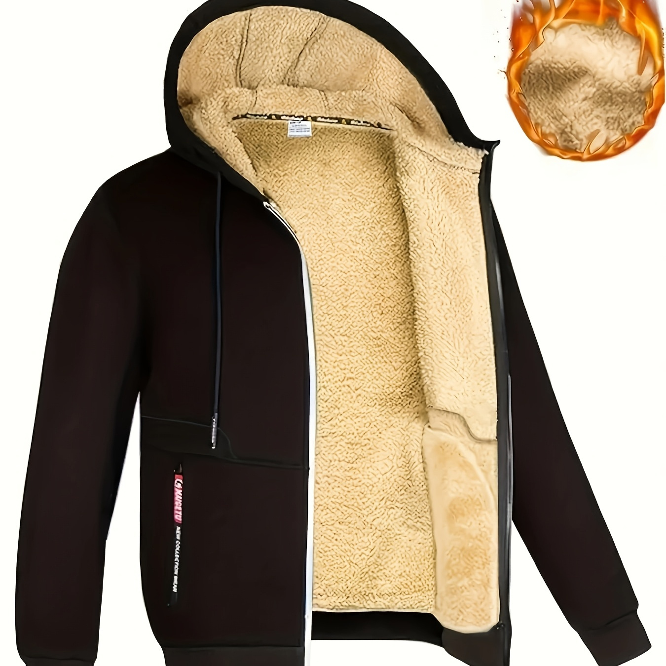 

Obm Men's Fleece-lined Hooded Jacket - Warm, Polyester Zip-up With Drawstring & Pockets, Ideal For Fall/winter Outdoor Activities, Solid Color, Machine Washable, , Shearling, Fashion