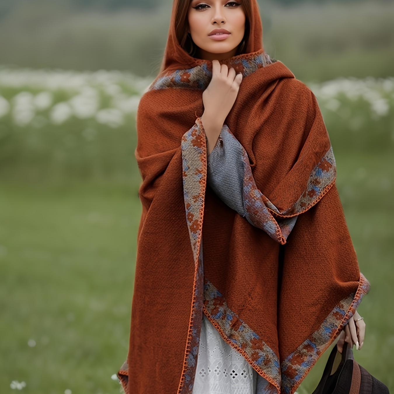 

Plus Size Ethnic Pattern Hooded Shawl Top, Elegant Warm Open Front Cover For Winter & Fall, Women's Plus Size Clothing