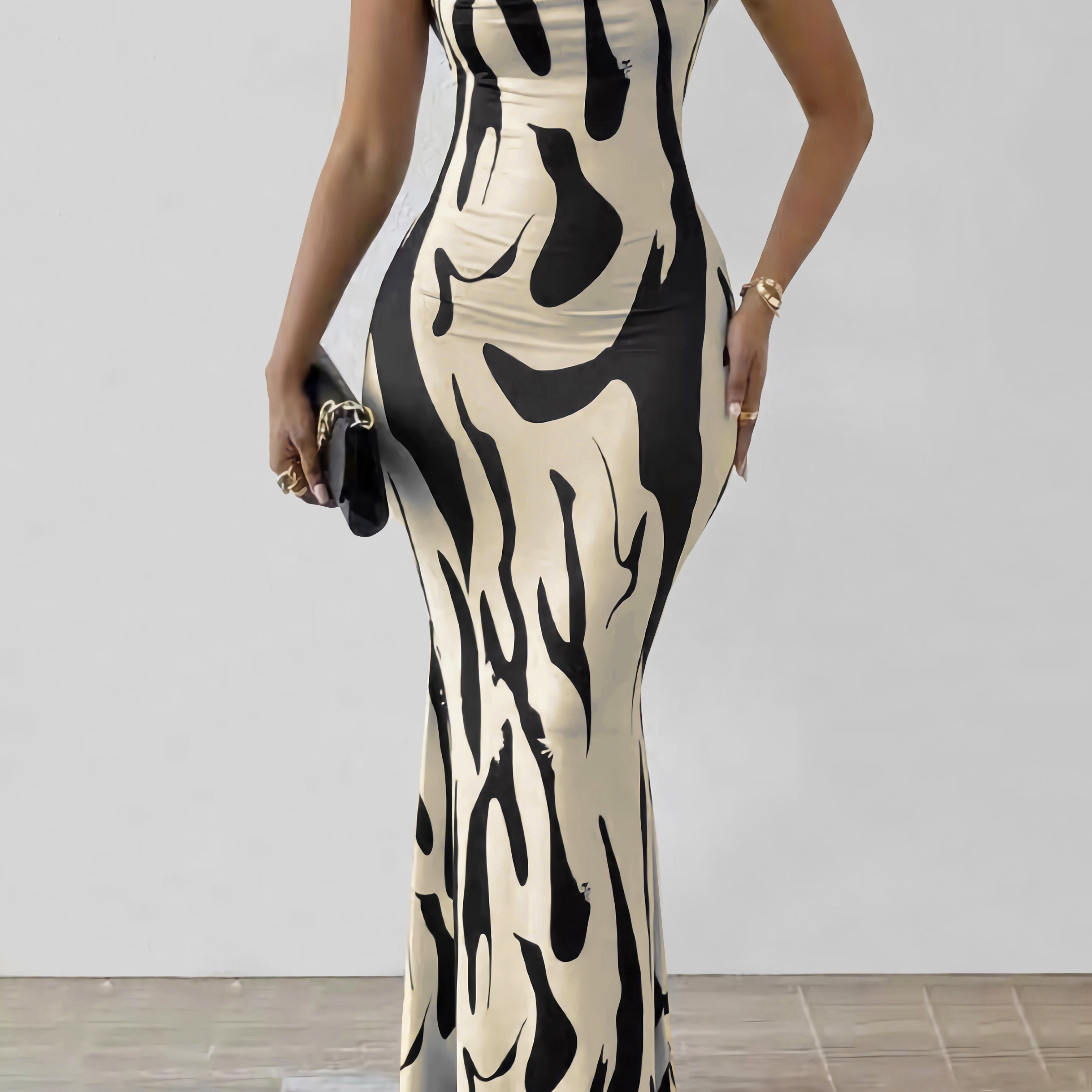 

Allover Print Cowl Neck Dress, Elegant Sleeveless Floor Length Bodycon Dress For Spring & Summer, Women's Clothing