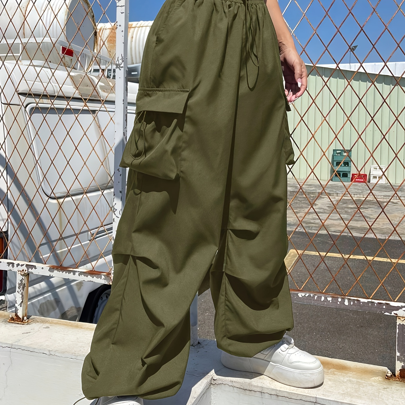 

Women's Olive Pants - Casual Polyester , Wide Leg With Multiple Pockets, Machine Washable, Wear, Cargo Pants|multiple |polyester Pants