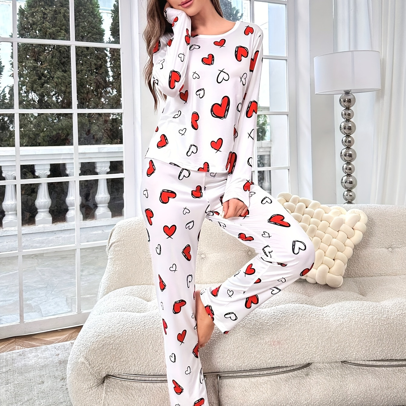 

Cozy Heart Print Pajama Set For Women - Long Sleeve & Pants, Soft Polyester , Stretchy Elastane, Non-transparent - All