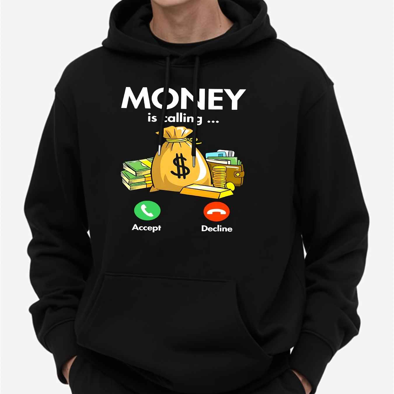 

Money Is Calling Pattern, Men's Trendy Comfy Hoodie, Casual Slightly Stretch Breathable Hooded Sweatshirt For Outdoor