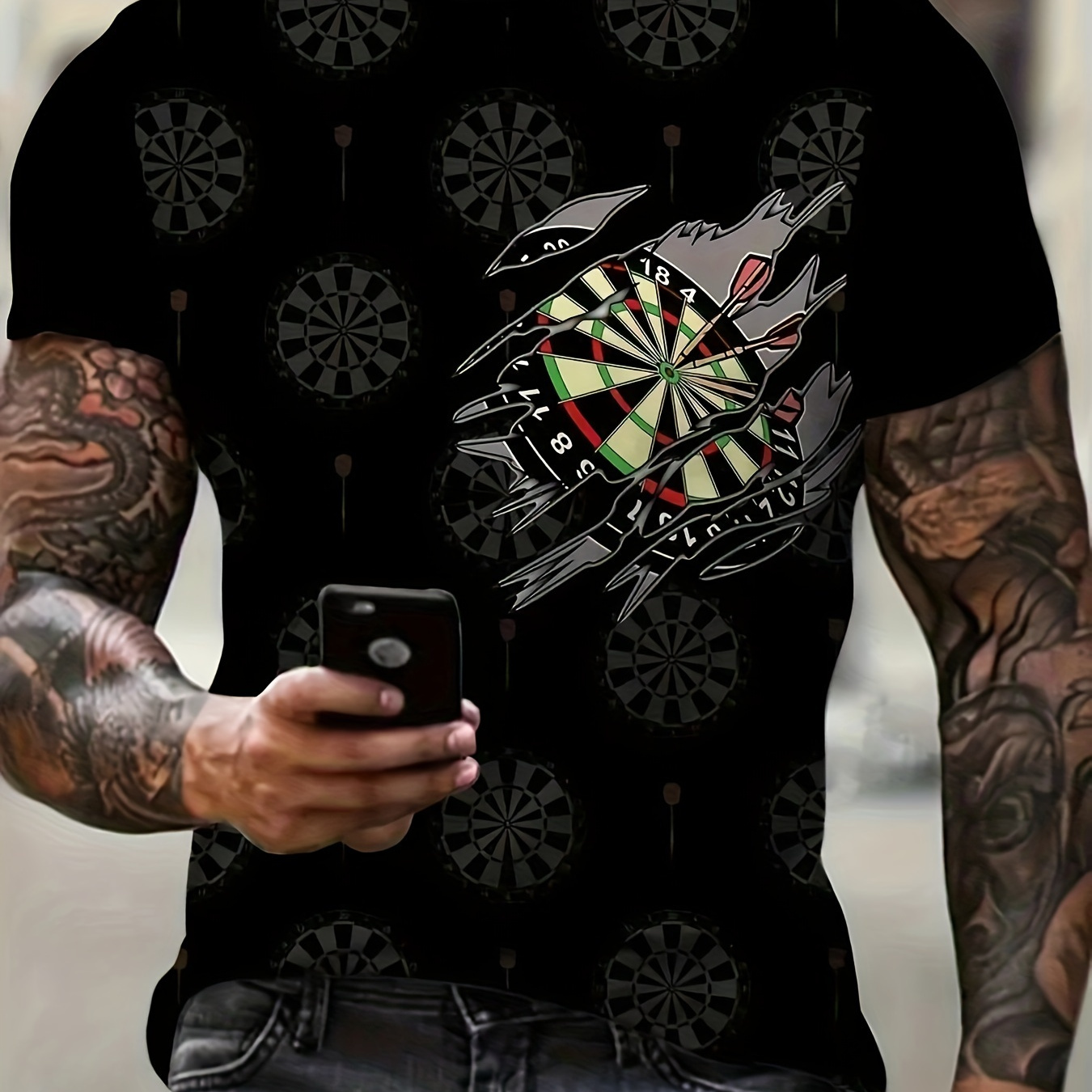 

Men's Dart Plate Graphic Neck Short Sleeve T-shirt, Casual Summer T-shirt For And Vacation Resorts