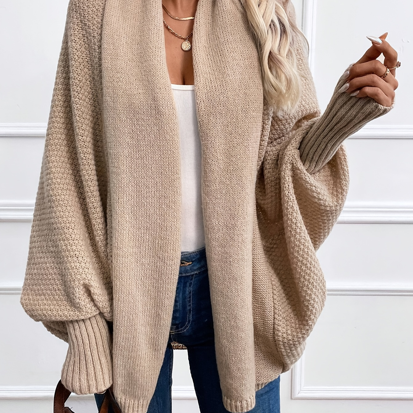

Solid Color Shawl Lapel Knitted Cardigan, Elegant Batwing Sleeve Cardigan For Spring & Fall, Women's Clothing