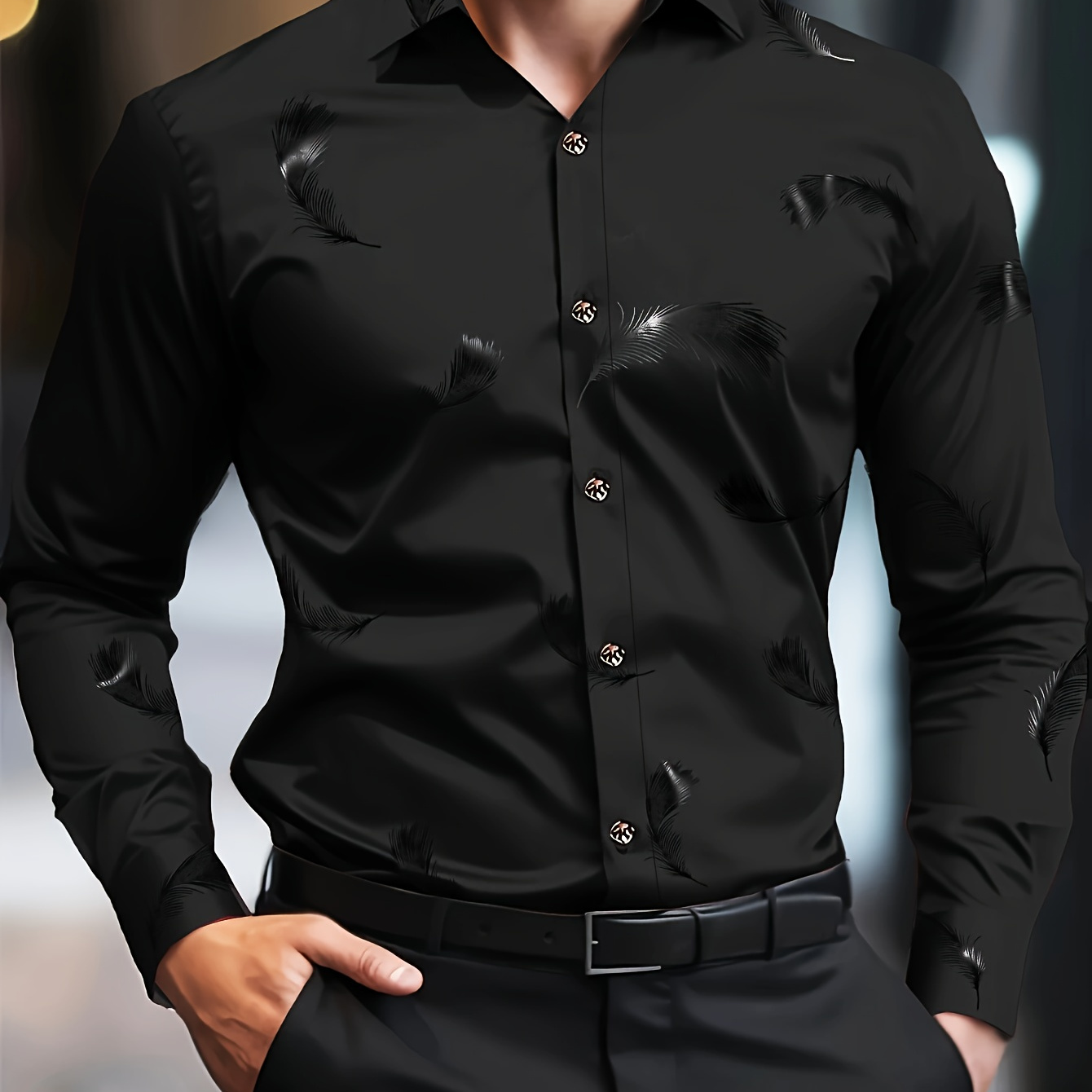 

Men' Feather Print Long Sleeve Button-up Shirt, Elegant Style