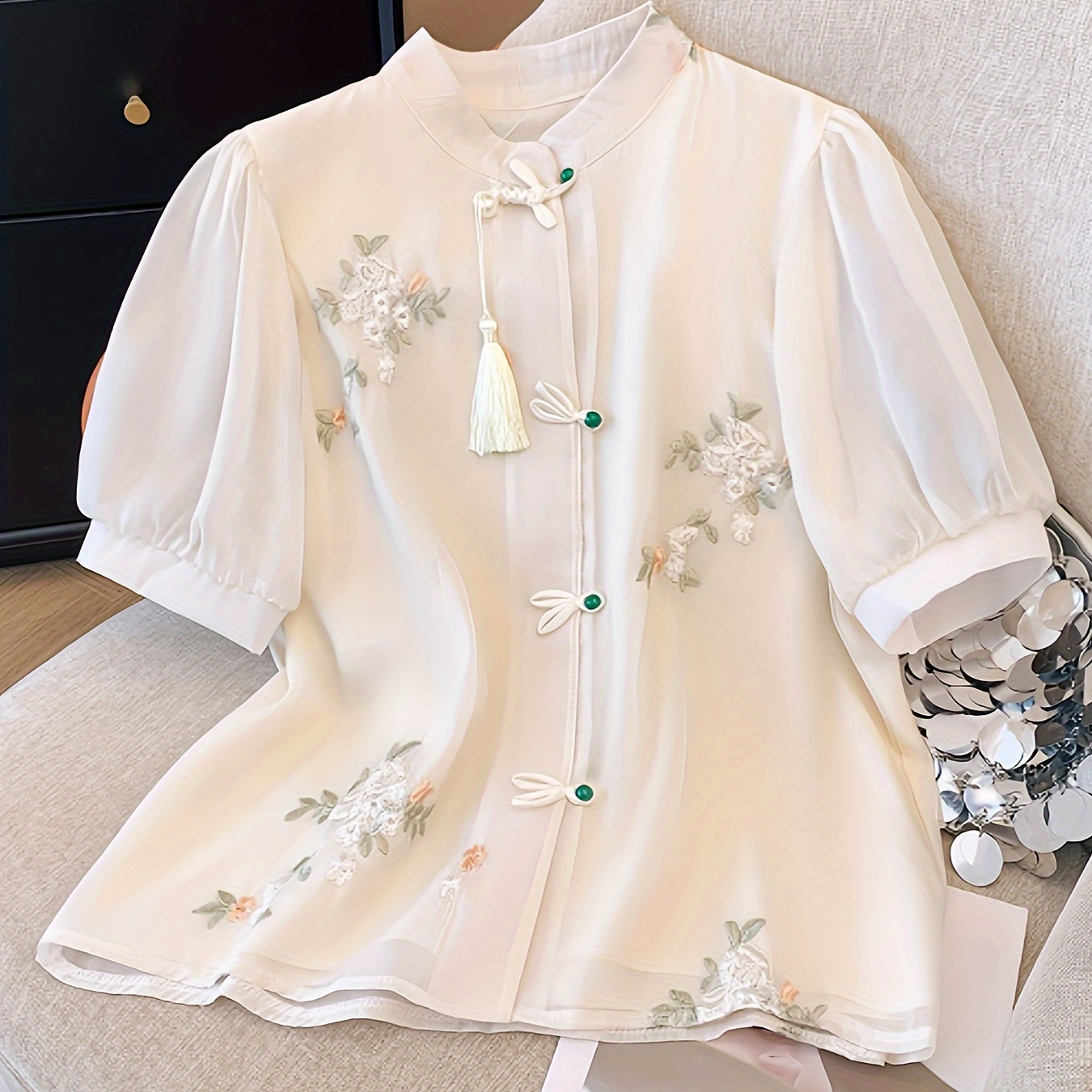 

Floral Embroidery Frog Button Blouse, Chic Short Sleeve Collar Top For Spring & Summer, Women's Clothing
