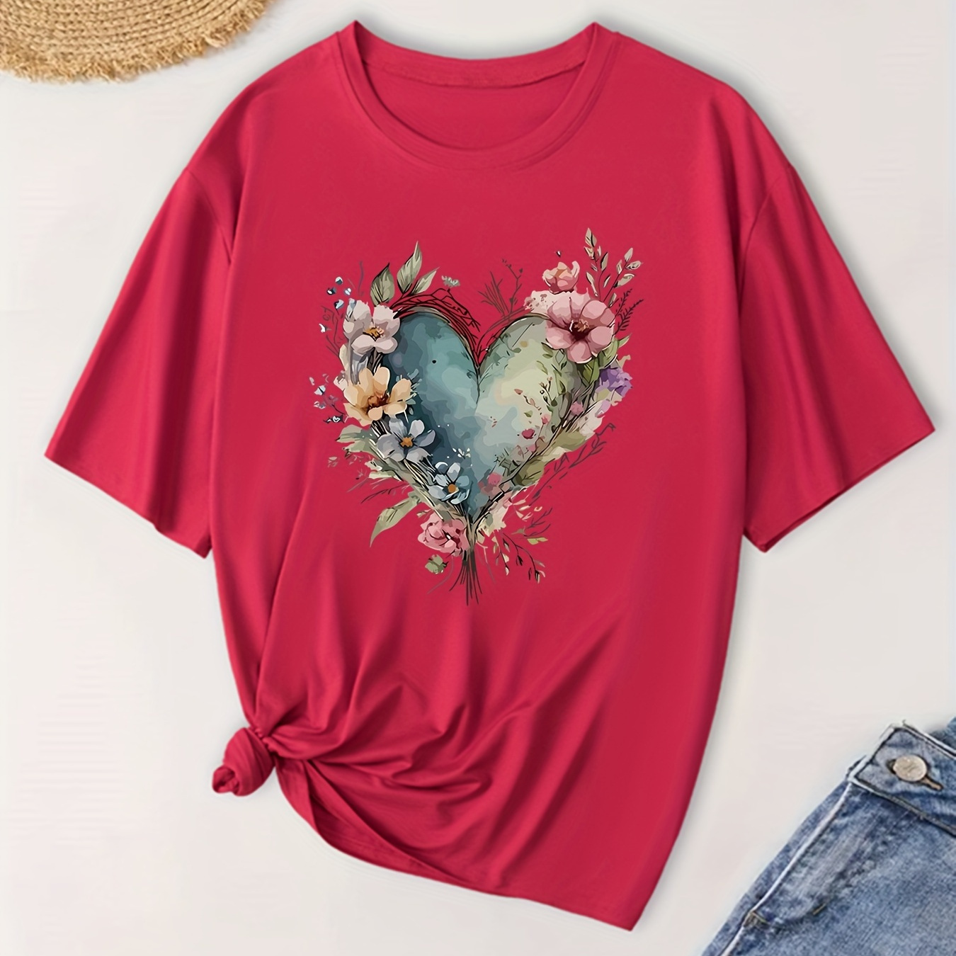 

Plus Size Heart & Flower Print T-shirt, Casual Short Sleeve Crew Neck Top For Spring & Summer, Women's Plus Size Clothing